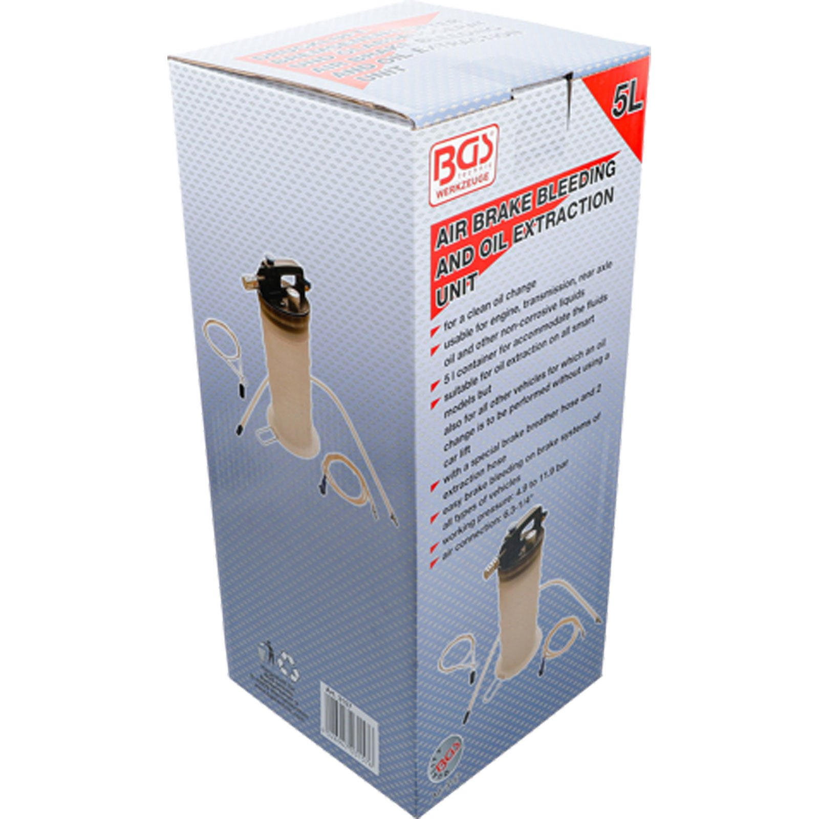 Verpackung für eine 5L Luft-Bremsenentlüftungs- und Ölabsaugungseinheit von BGS.
