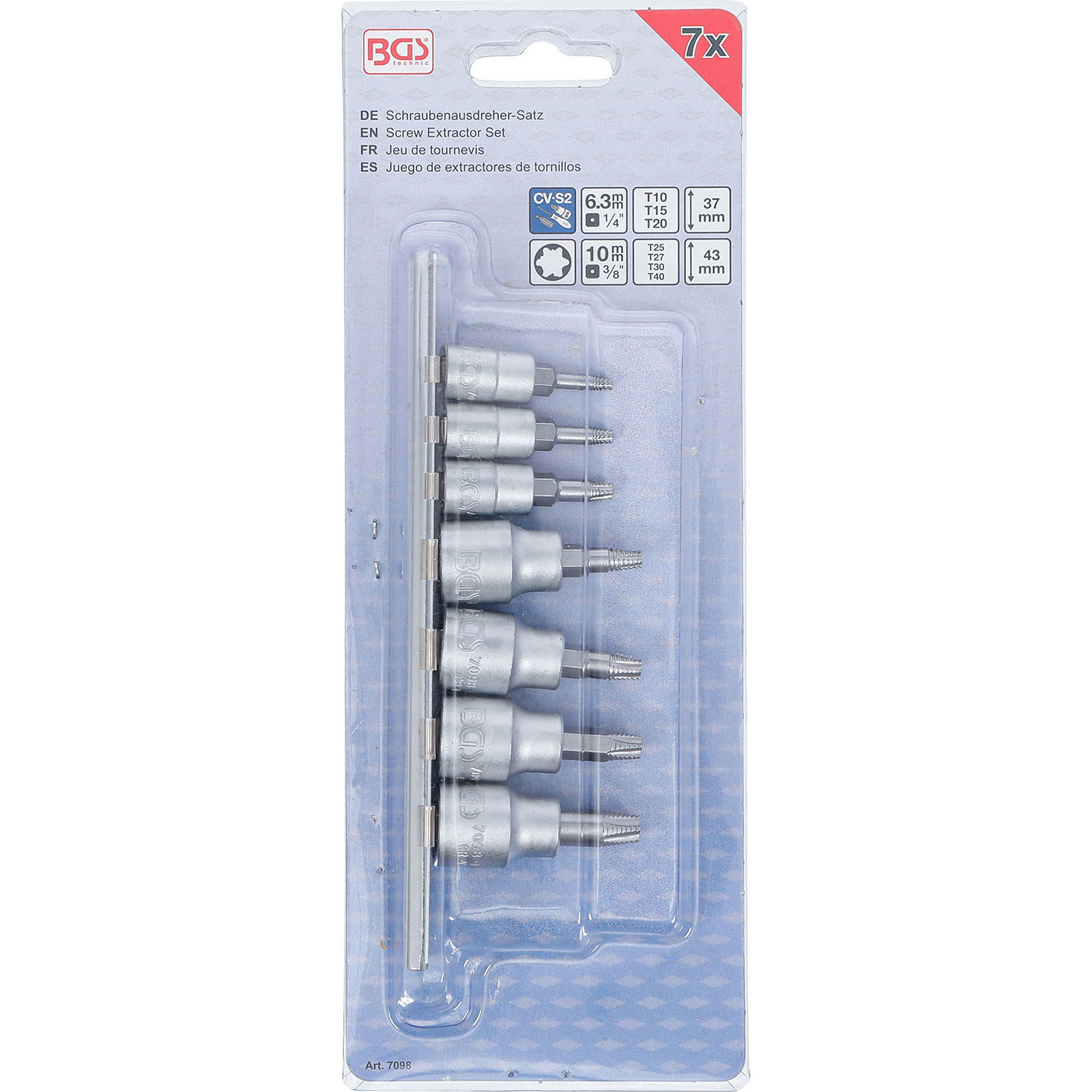 Ein Set von 7 Schraubenausdrehern in einer Blisterverpackung mit Größenangaben.
