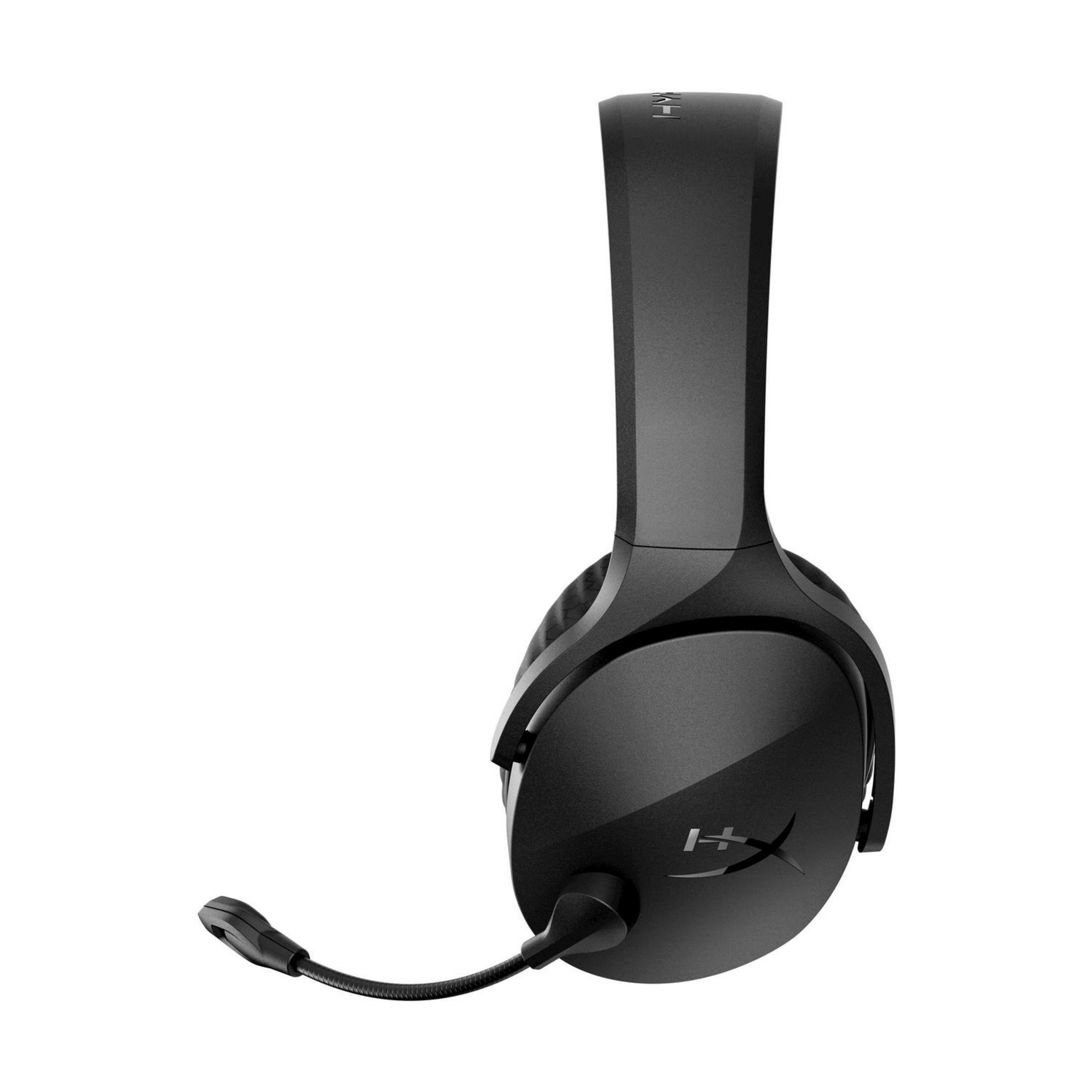 Czarny zestaw słuchawkowy z mikrofonem na białym tle.