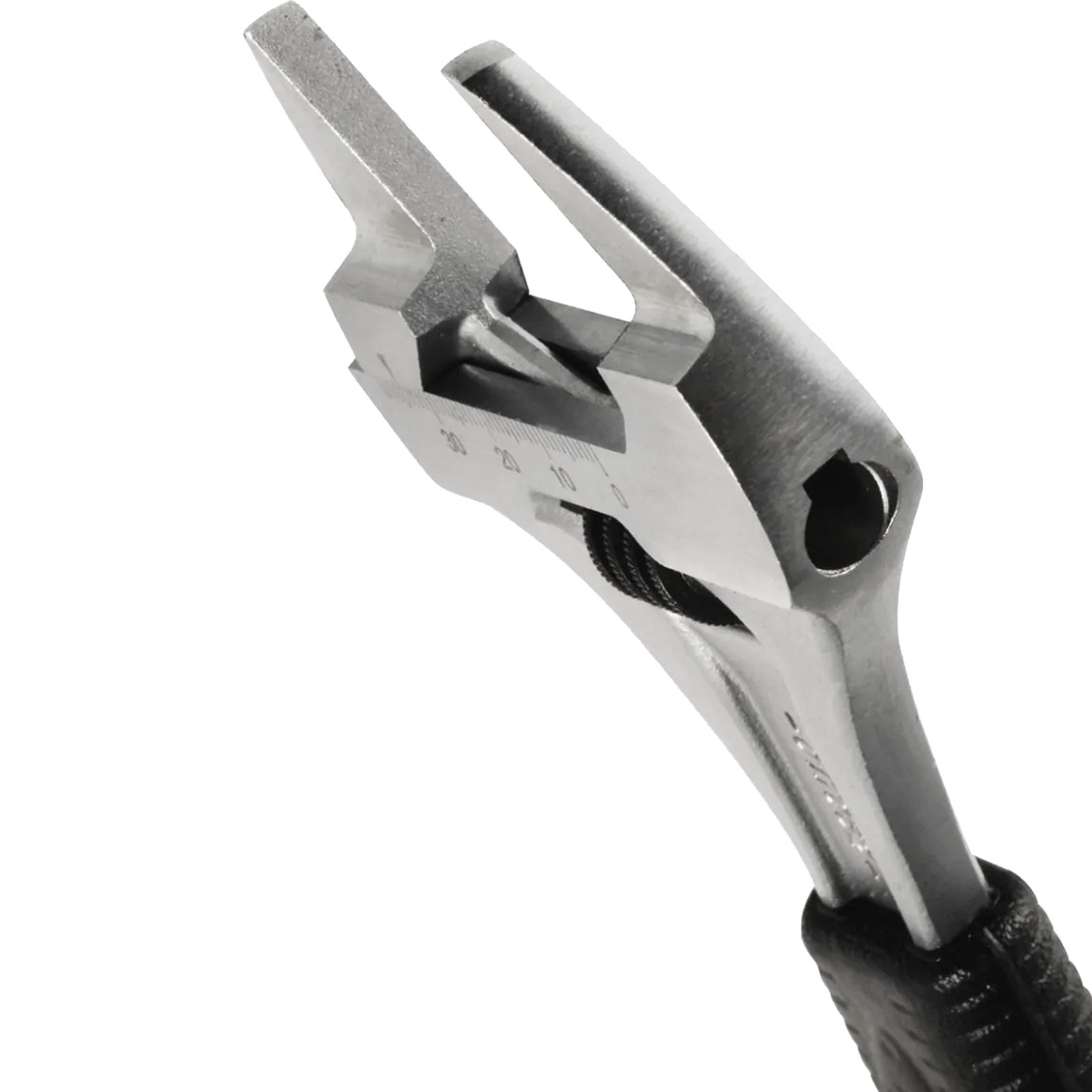Nahaufnahme einer verstellbaren Zange mit Metallbacken und schwarzem Griff.