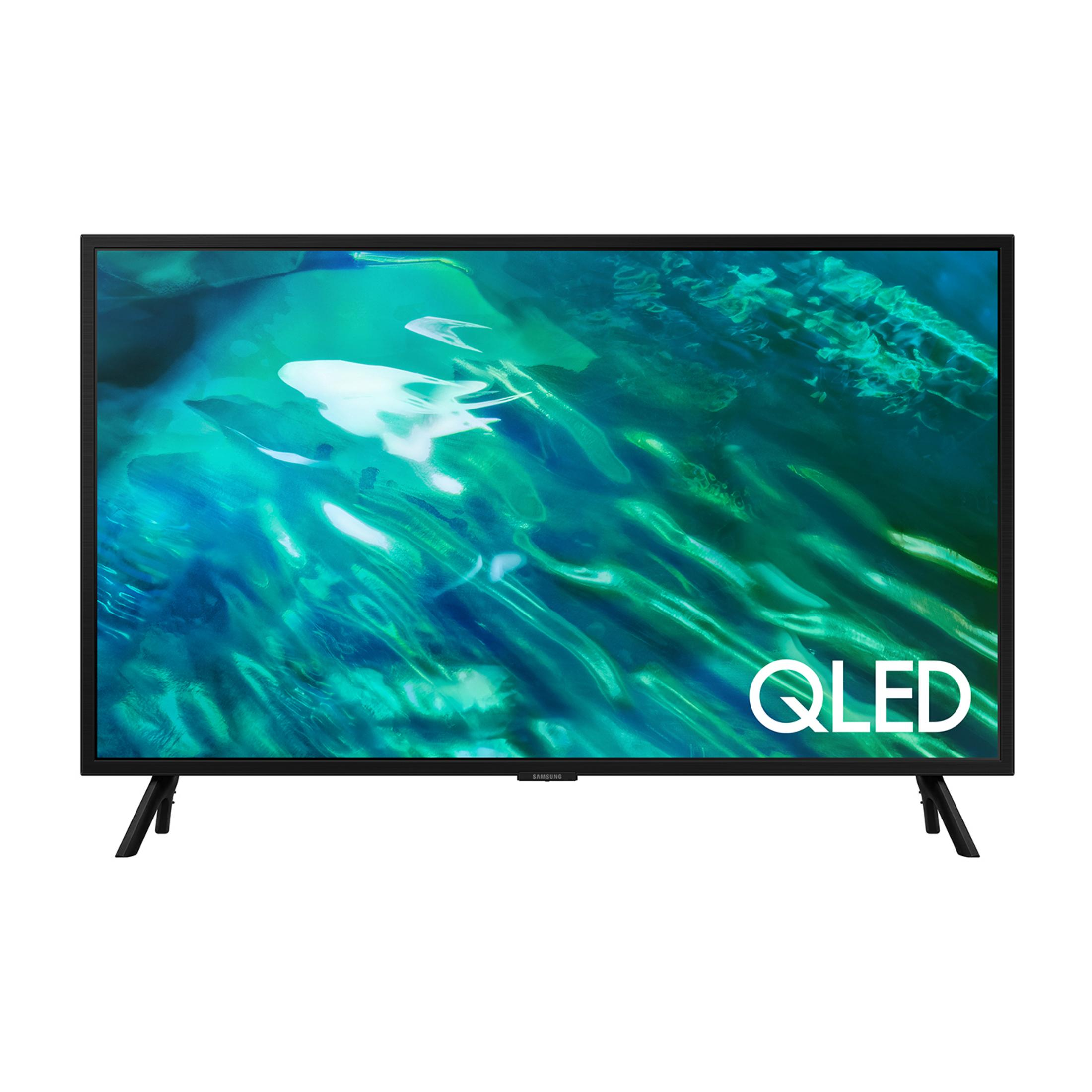 Una TV Samsung QLED nera poggia su due eleganti piedini.