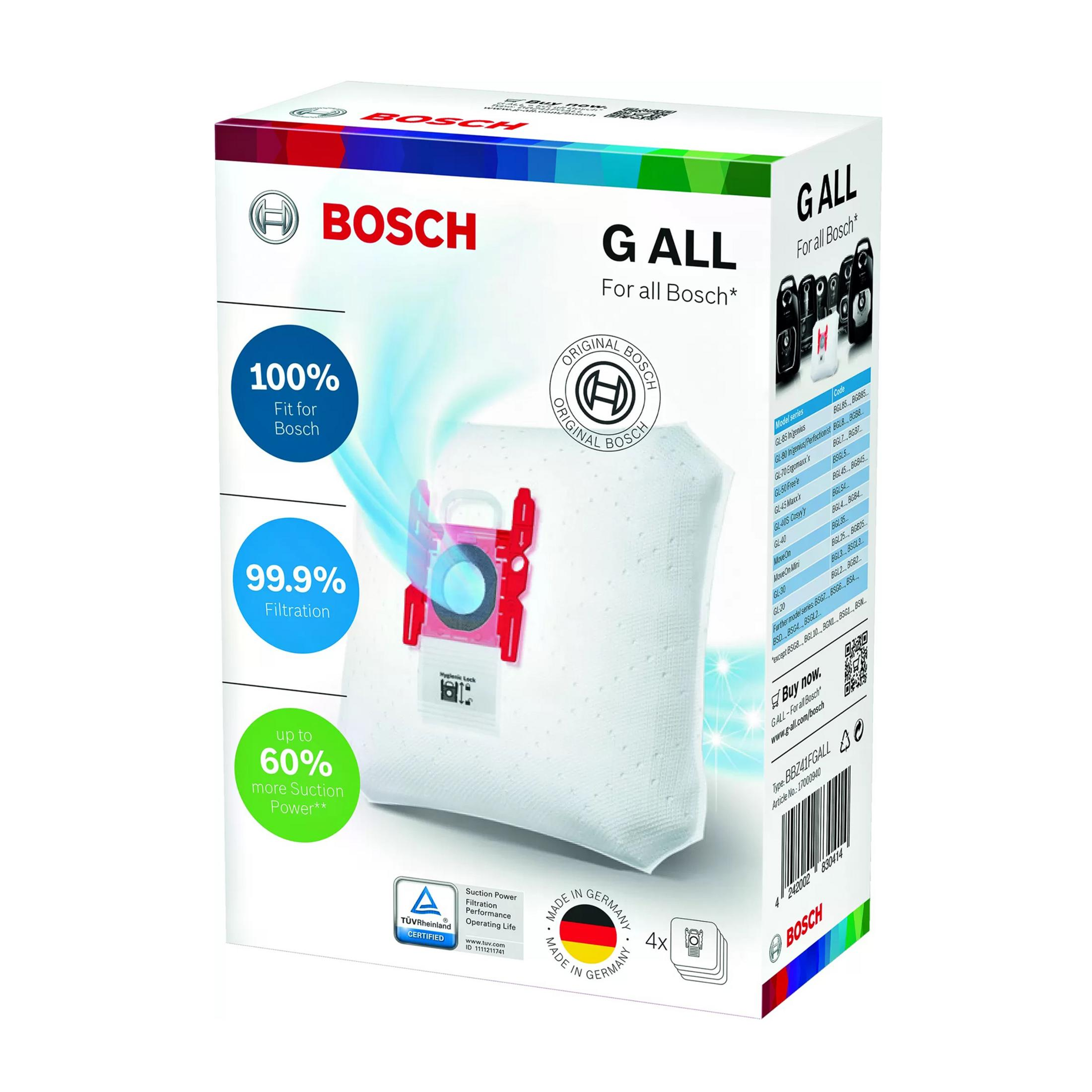 Embalaje de bolsa para aspiradora Bosch destacando ajuste 100% y filtración 99,9%.