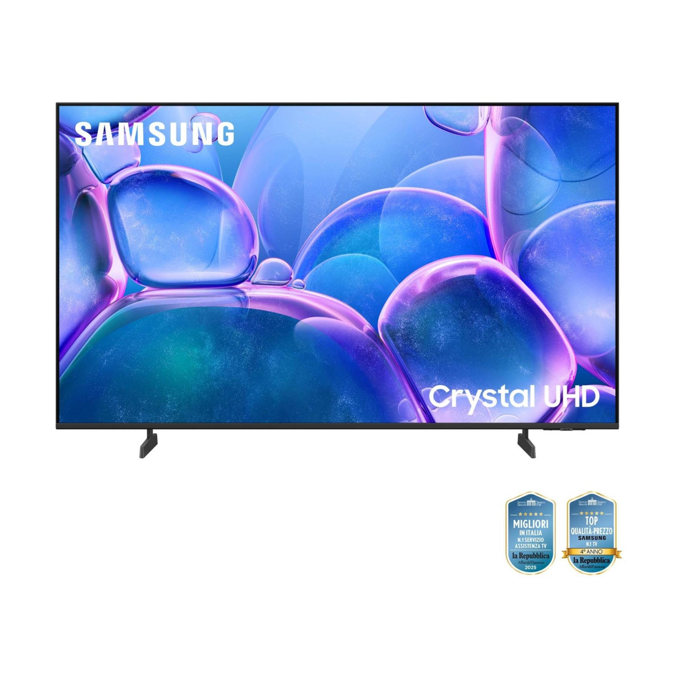 Telewizor Samsung Crystal UHD z niebieskim tłem i dwoma nagrodami.