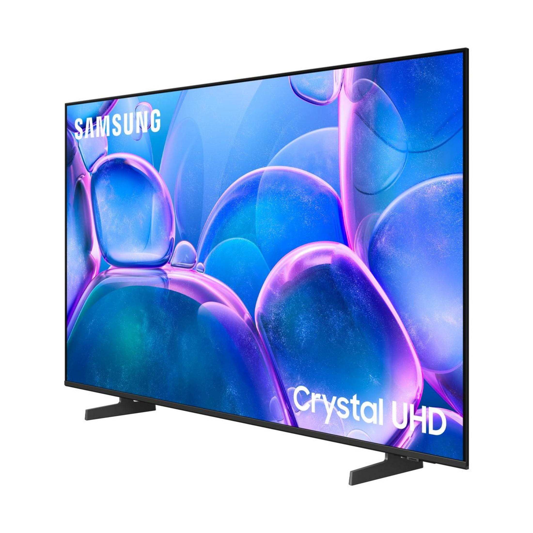 Telewizor Samsung Crystal UHD z niebiesko-fioletowym abstrakcyjnym tłem.