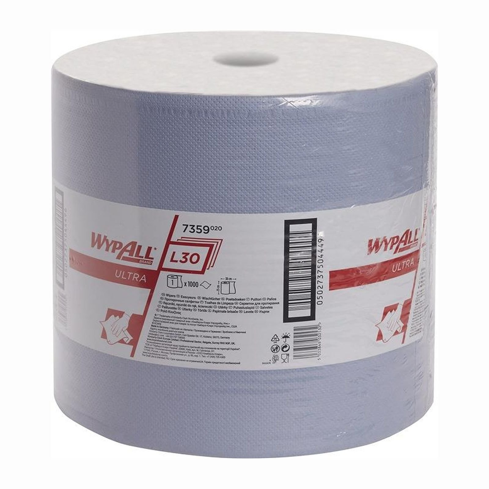 Eine blaue Rolle WYPALL ULTRA L30 Wischtücher, in Plastik verpackt.