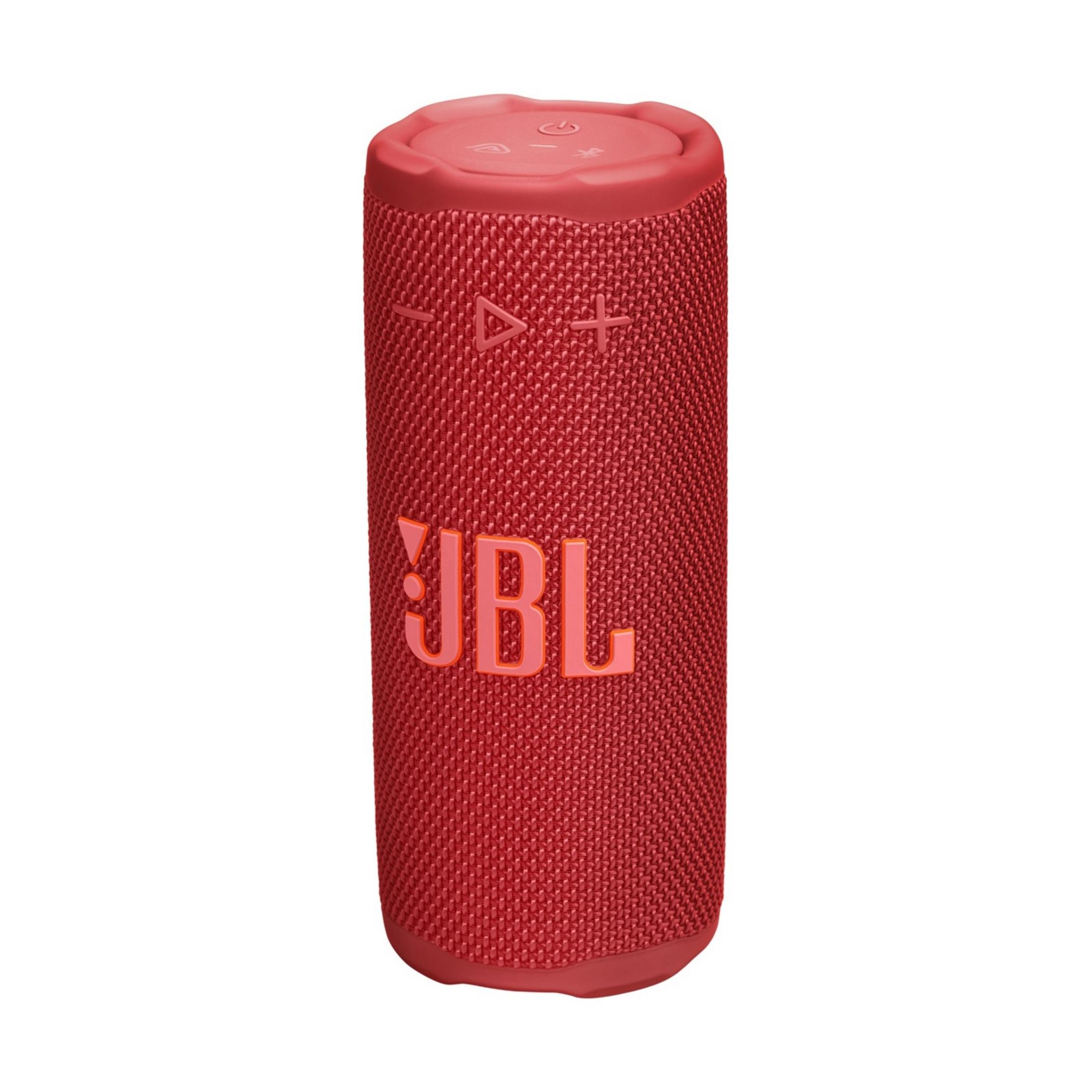Roter JBL Bluetooth-Lautsprecher mit Bedienelementen oben.