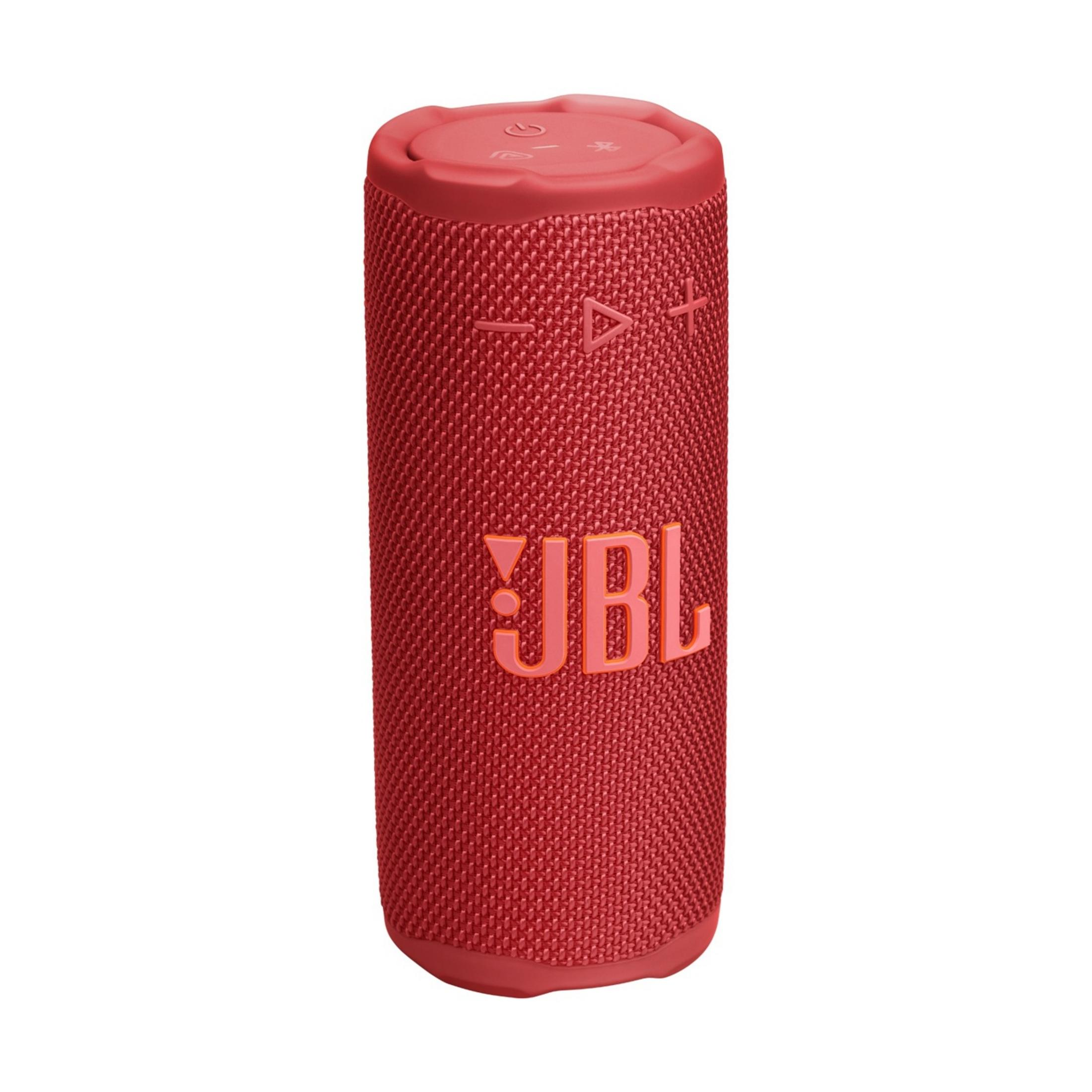 Roter JBL-Lautsprecher mit Stoffbezug und Bedientasten oben.