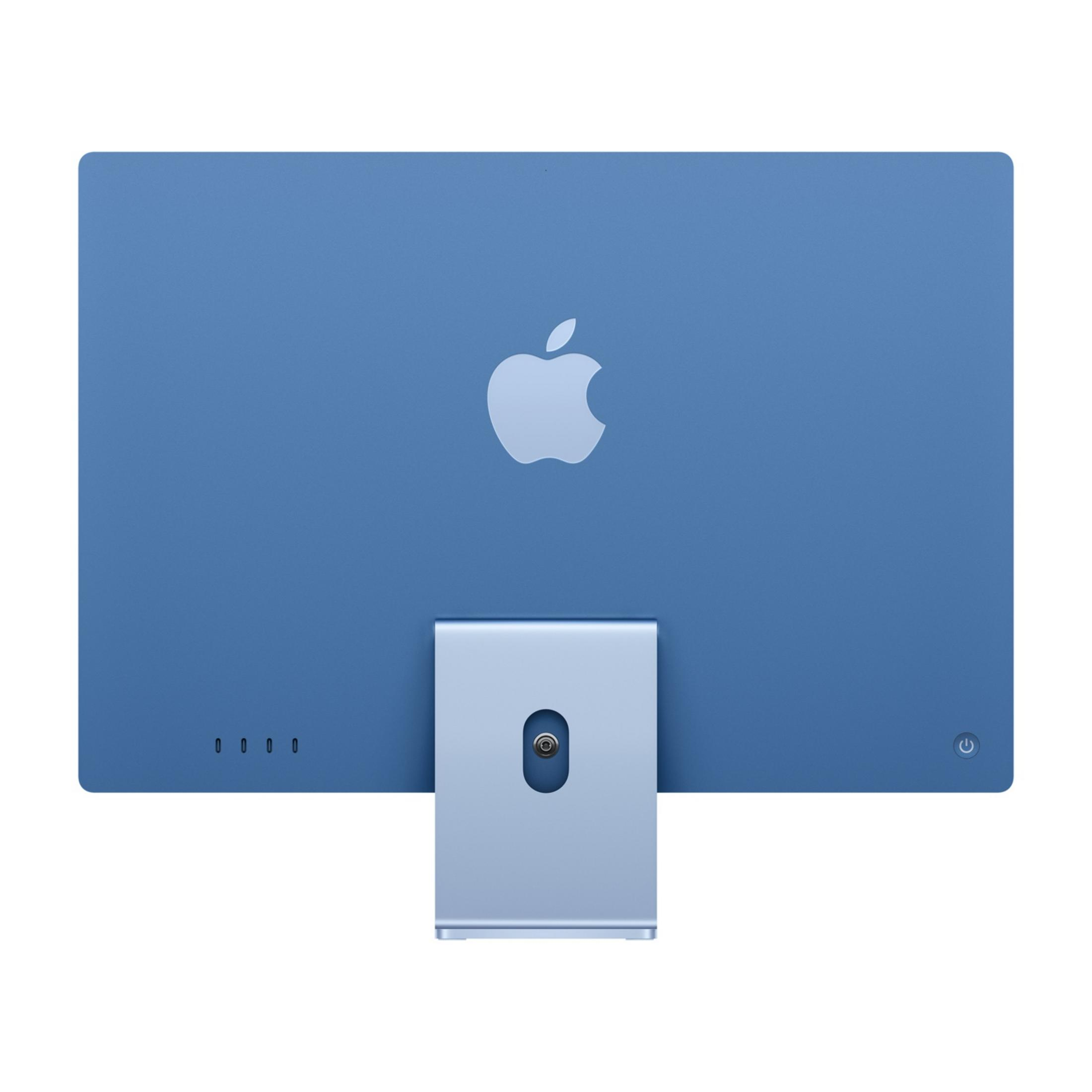 iMac blu con logo Apple e supporto, visto da dietro.