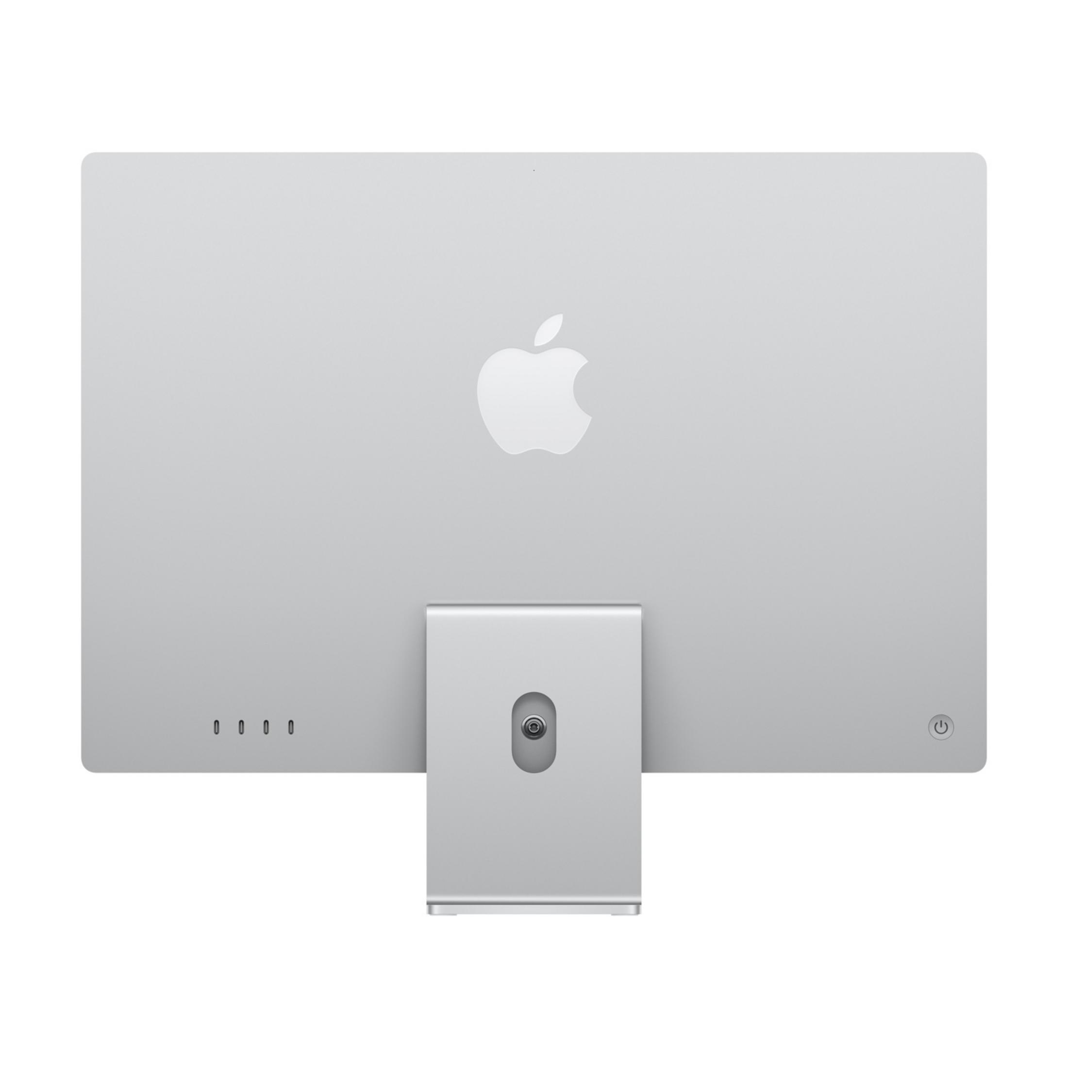 iMac argentato con logo Apple e supporto in dettaglio.