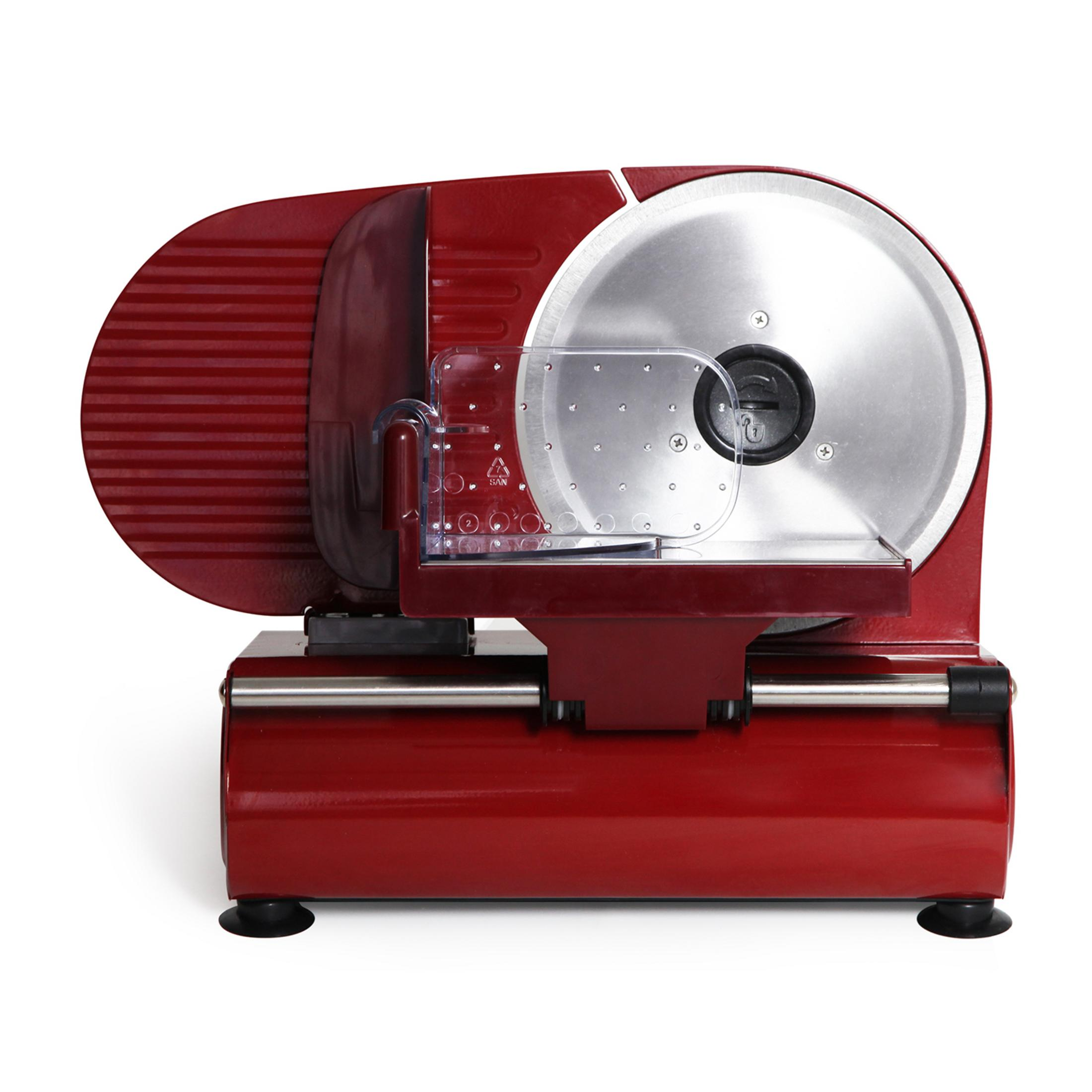 Czerwona krajalnica do żywności z srebrnym ostrzem i przezroczystą osłoną.