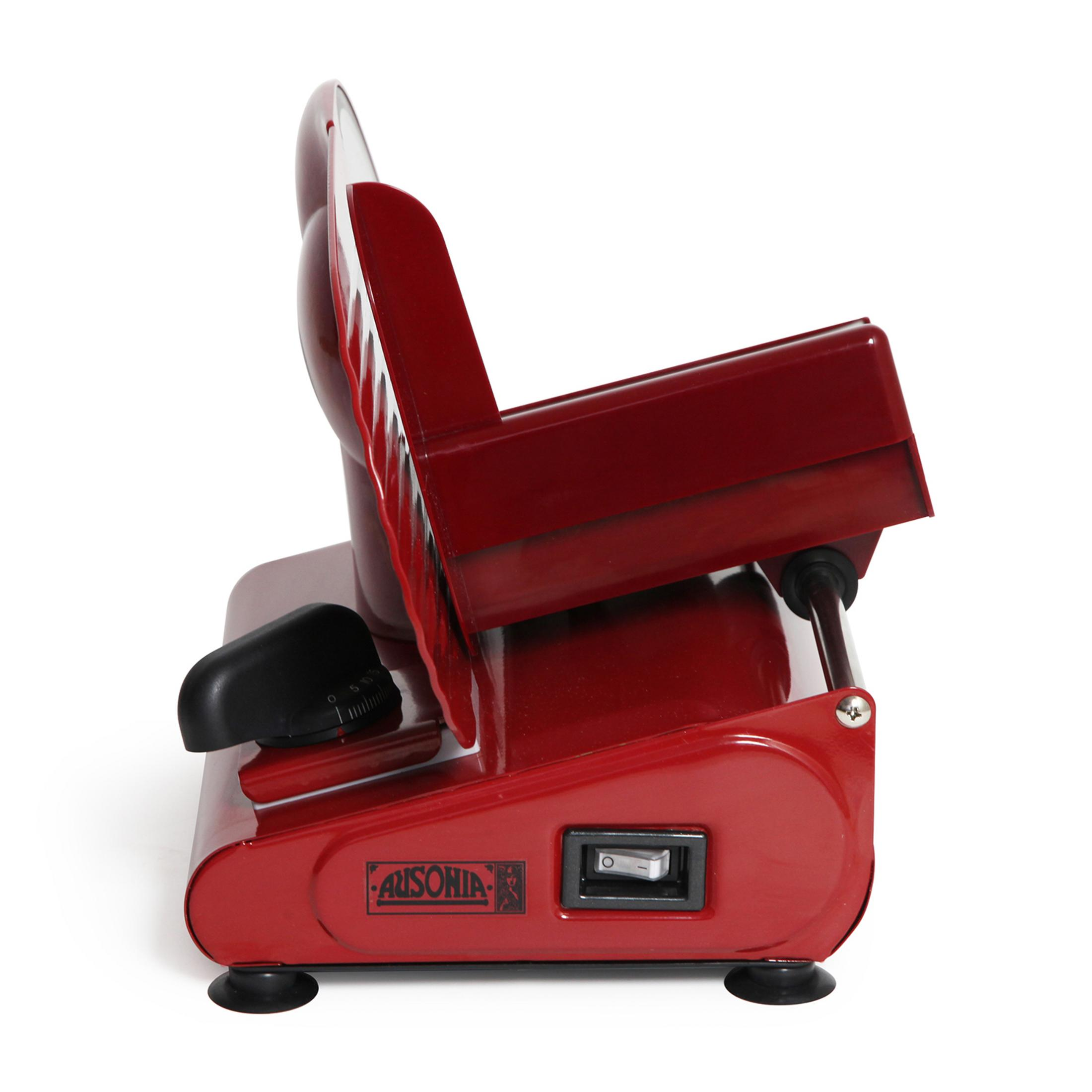 Czerwona elektryczna krajalnica z przełącznikiem i pokrętłem.