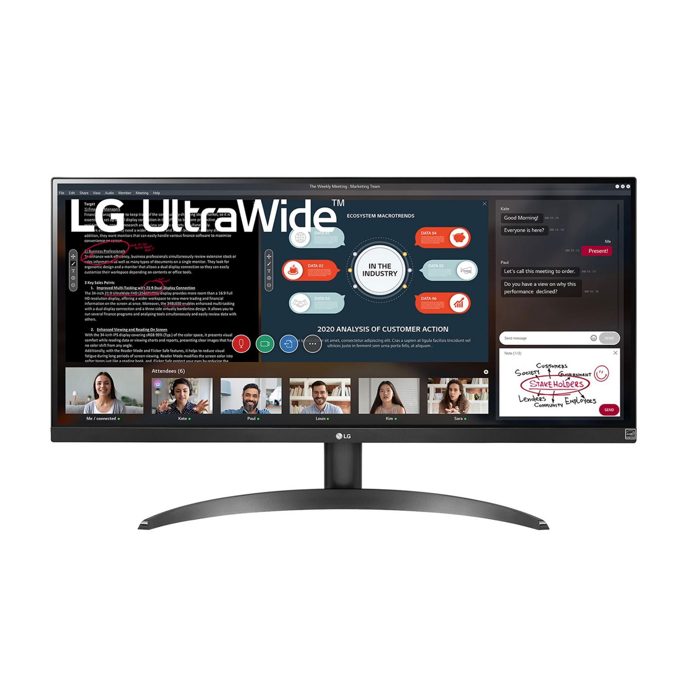 Un monitor LG UltraWide mostra una videoconferenza di 6 persone e un'analisi.