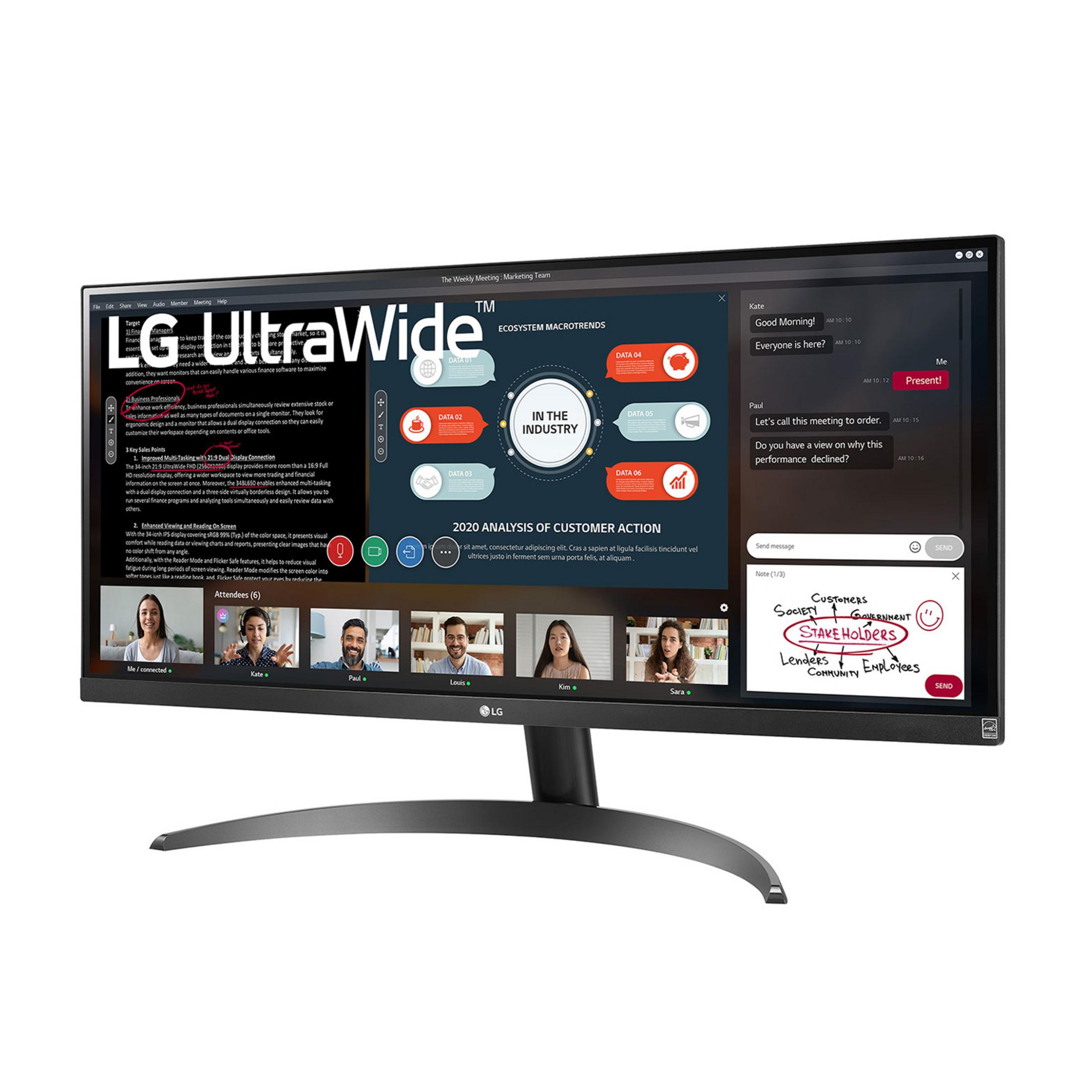 Monitor LG UltraWide mostra una videoconferenza con grafici e note.