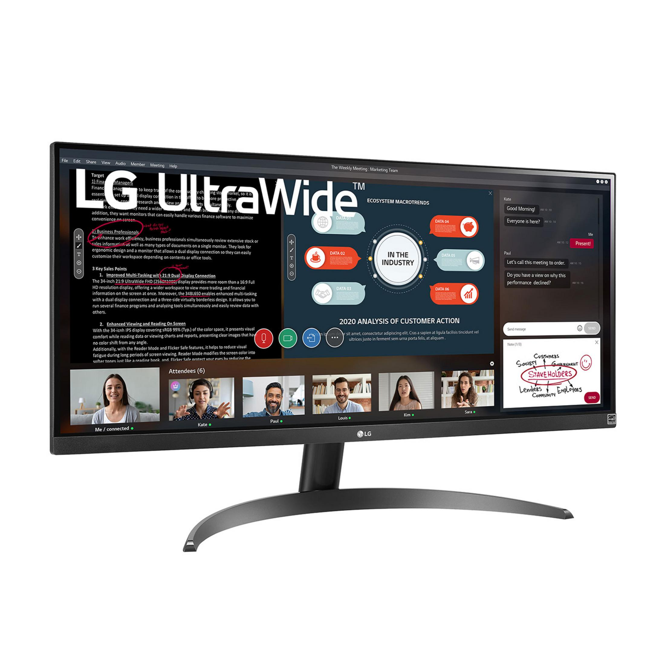 Un monitor LG UltraWide visualizza una videochiamata con 6 partecipanti e una presentazione.