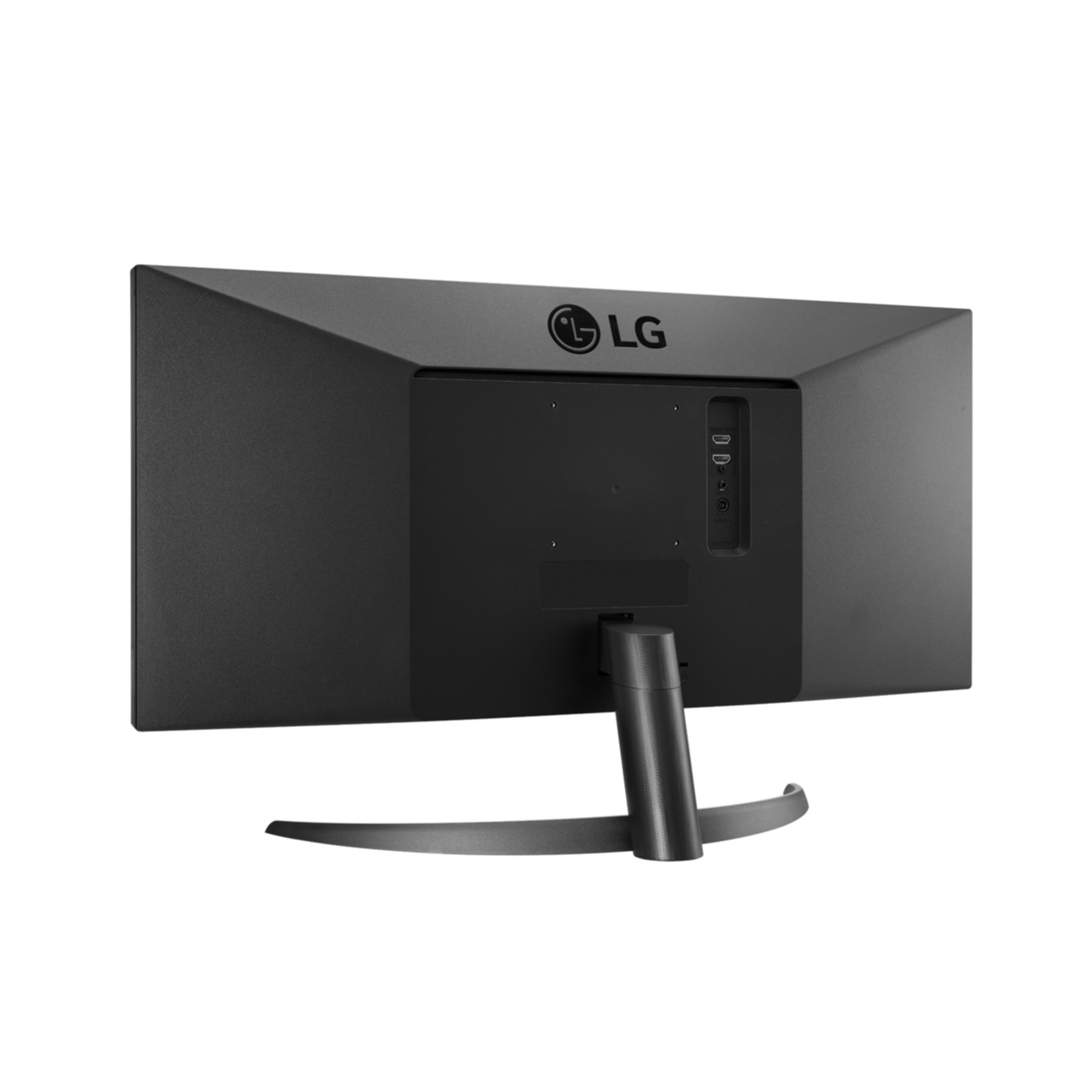 Vista posteriore di un monitor LG nero con supporto e porte.