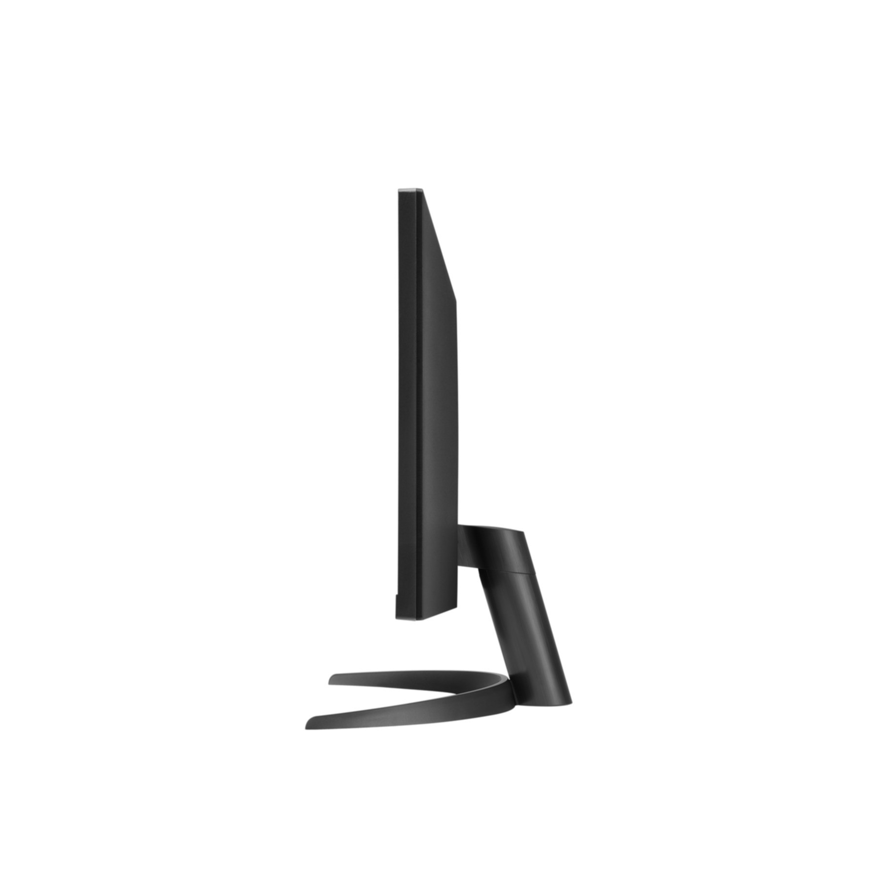 Monitor per computer nero visto di lato su sfondo bianco.