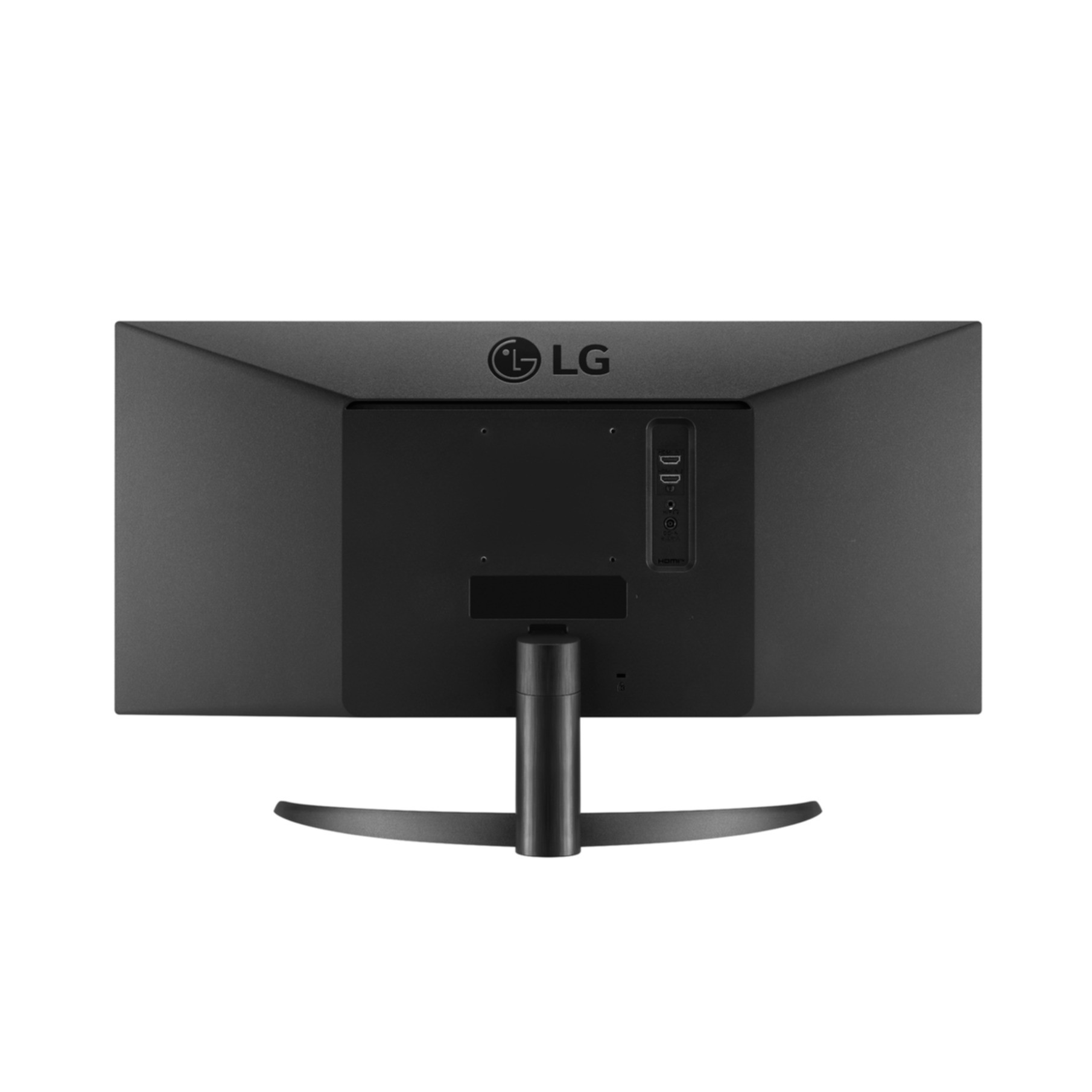 Il retro di un monitor LG nero con supporto e porte.