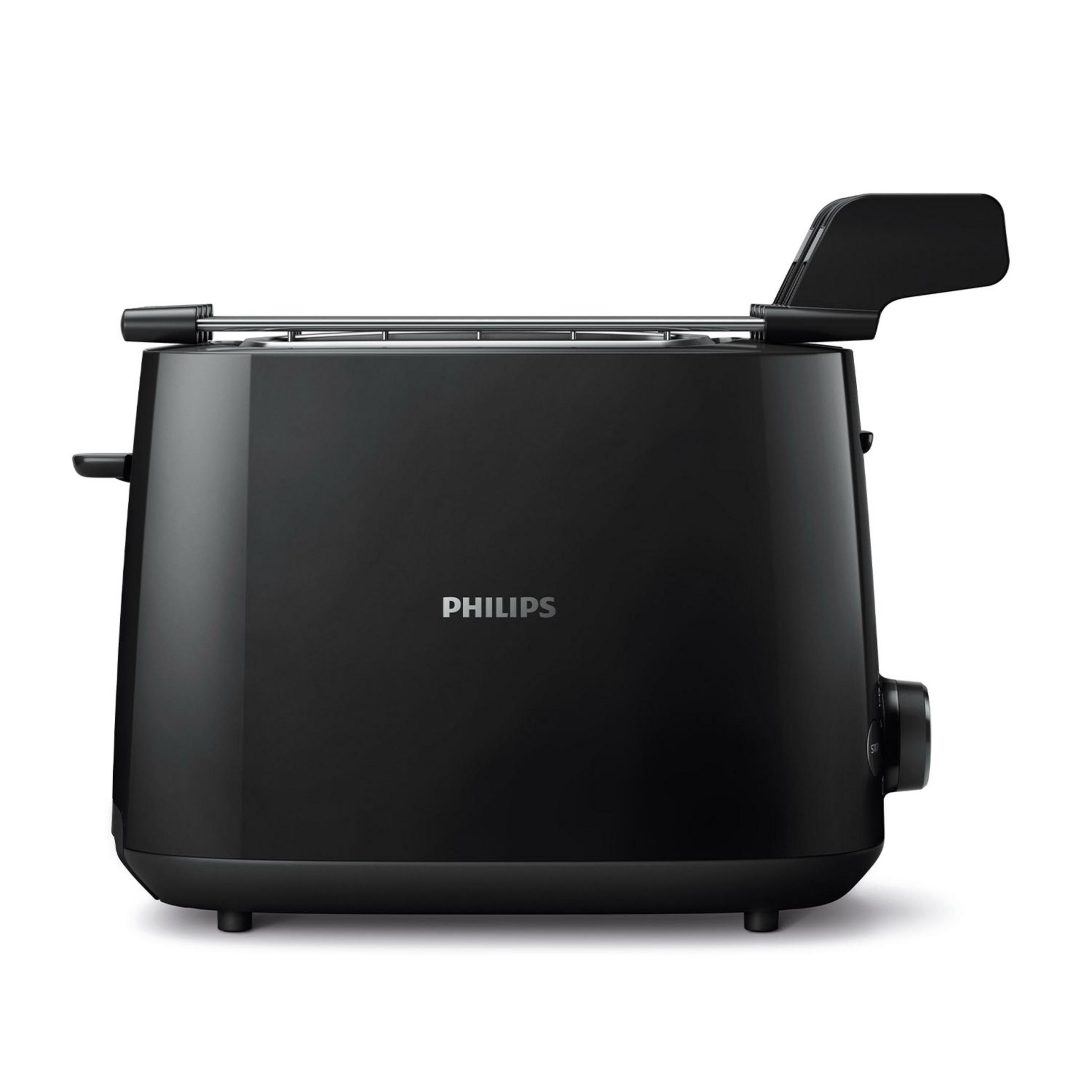 Czarny toster Philips z chromowanymi detalami i pokrętłem.