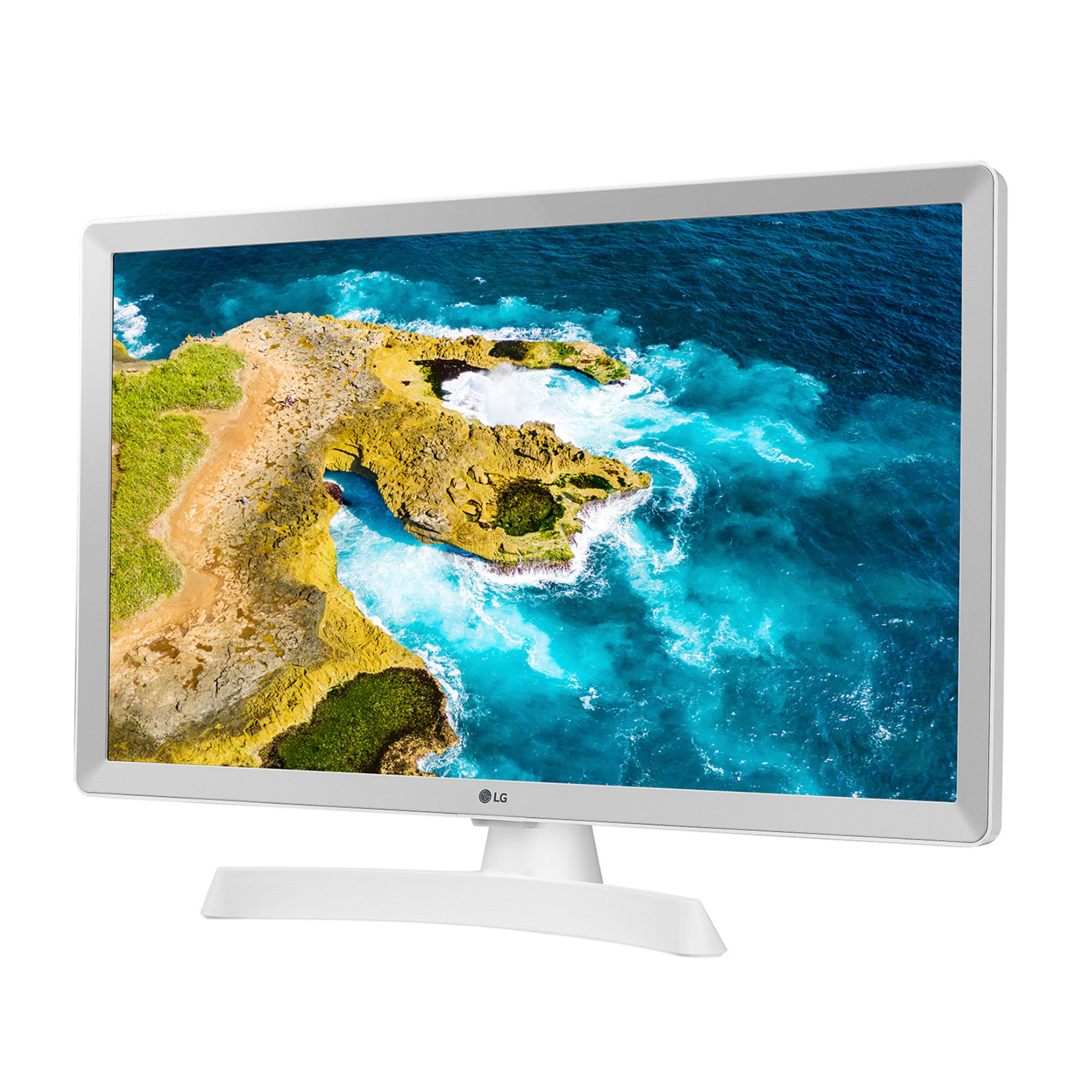 Ein weißer LG-Monitor zeigt eine Küstenlandschaft mit türkisfarbenem Wasser.