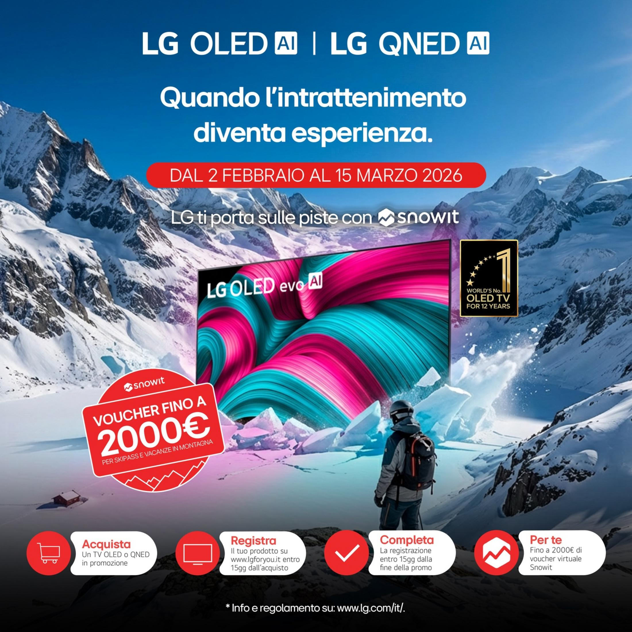 Publicité TV LG avec décor de montagne, skieur, bon Snowit et écran TV.