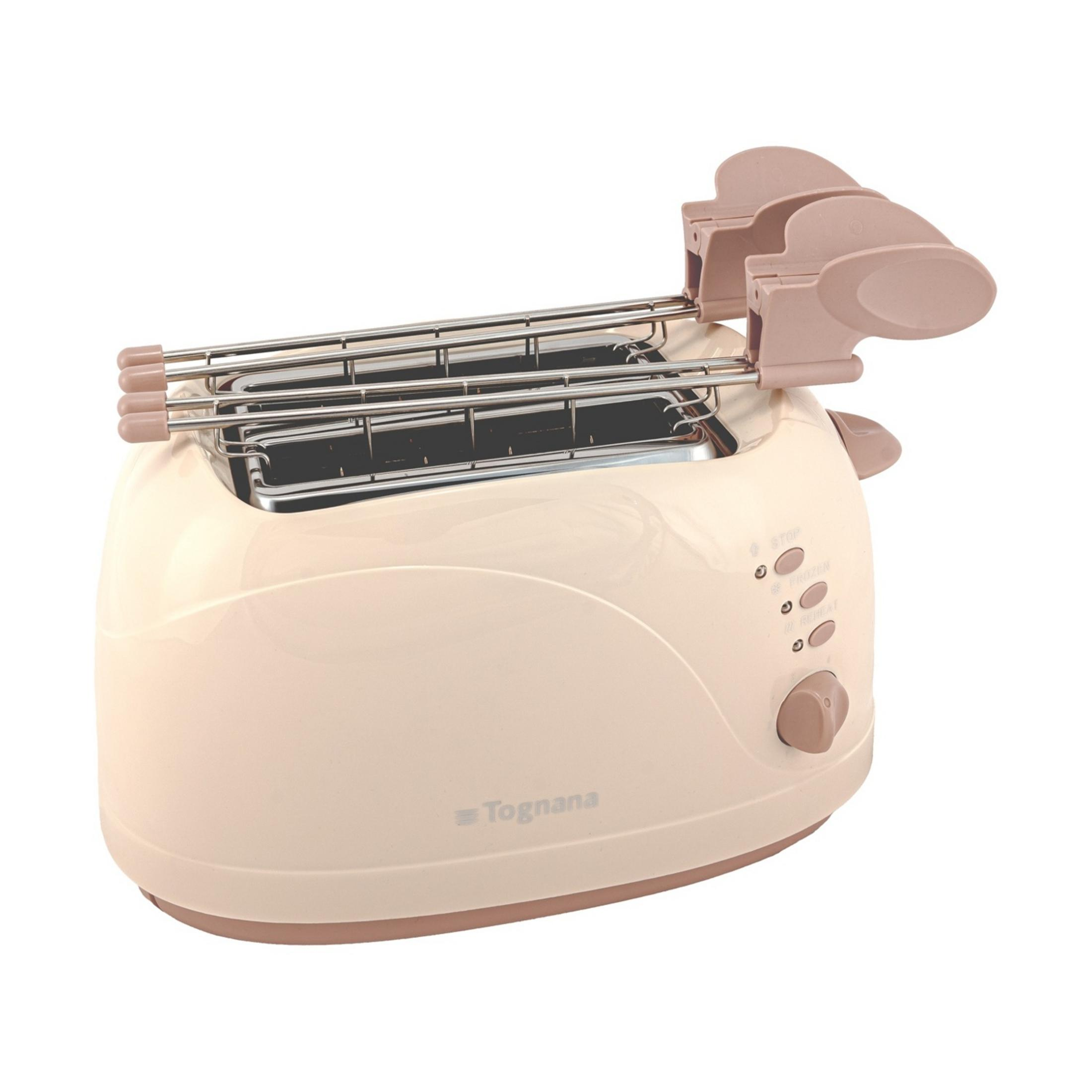 Un tostapane beige con leve argentate e accenti rosa.