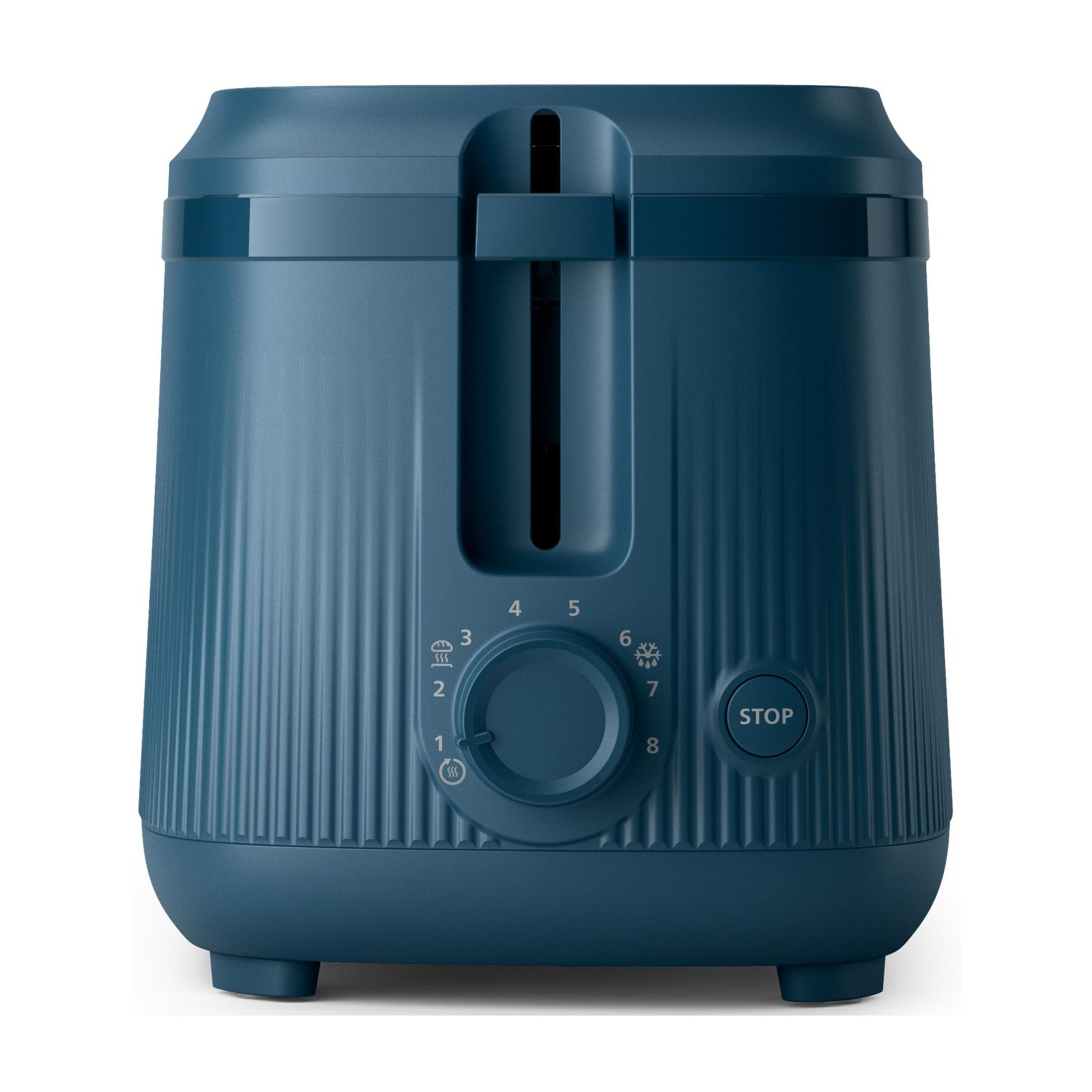 Niebieski, prążkowany toster z elementami sterującymi i przyciskiem stop.