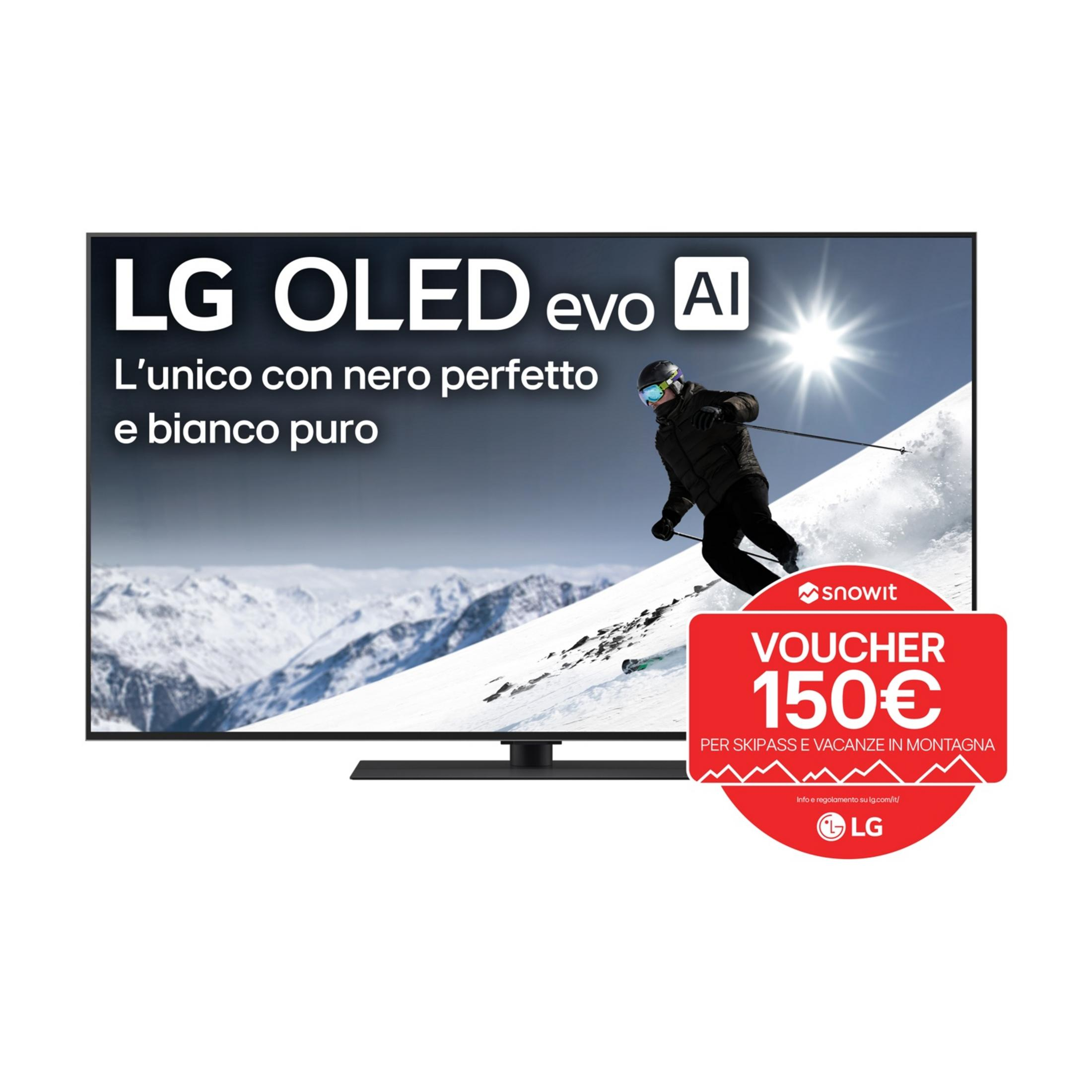 TV LG OLED evo AI avec skieur et bon de 150€ pour forfaits.