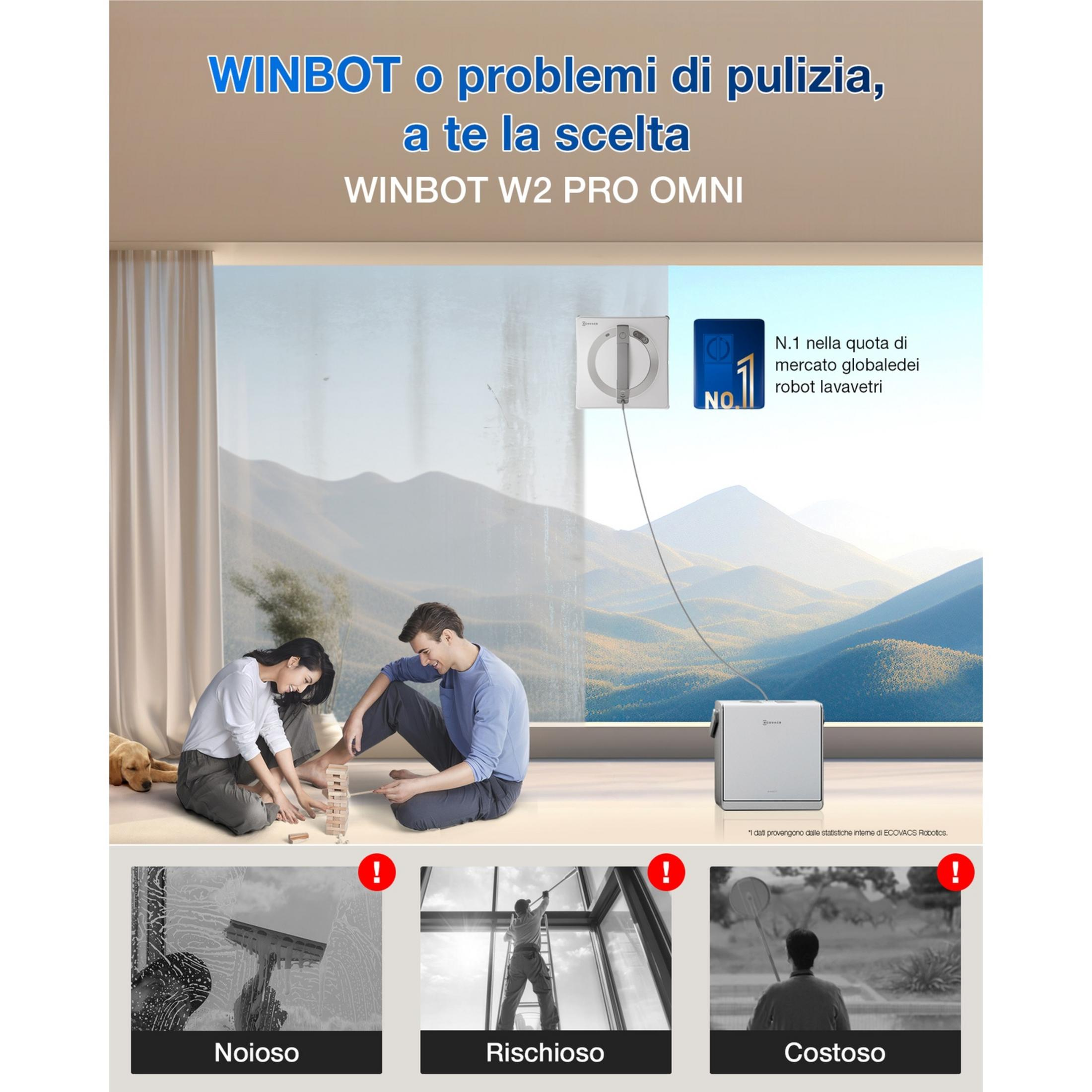 Robot czyści okna, podczas gdy ludzie i pies się bawią. Poniżej: trzy obrazy metod czyszczenia.