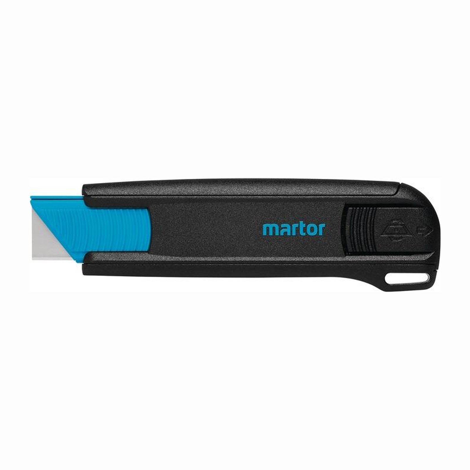 Schwarzer Martor-Cutter mit blauer Klinge und Griff. Weiße Hintergrund.
