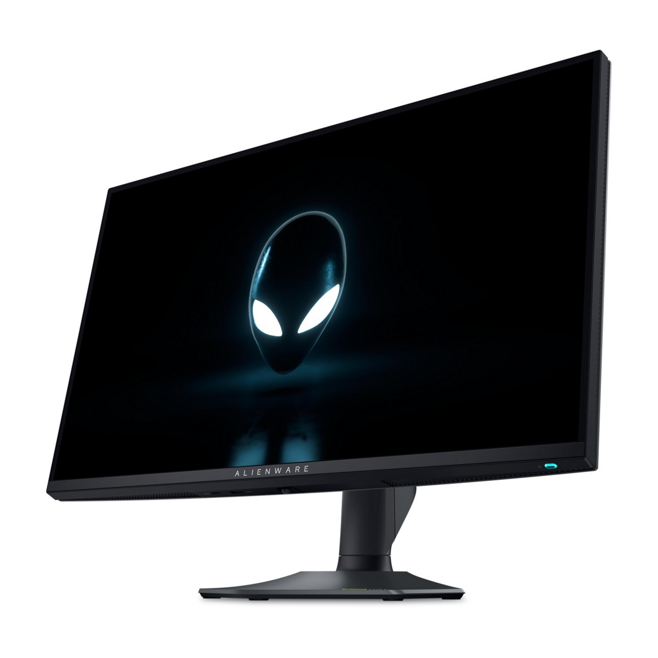 Monitor Alienware wyświetla logo głowy obcego na czarnym ekranie.