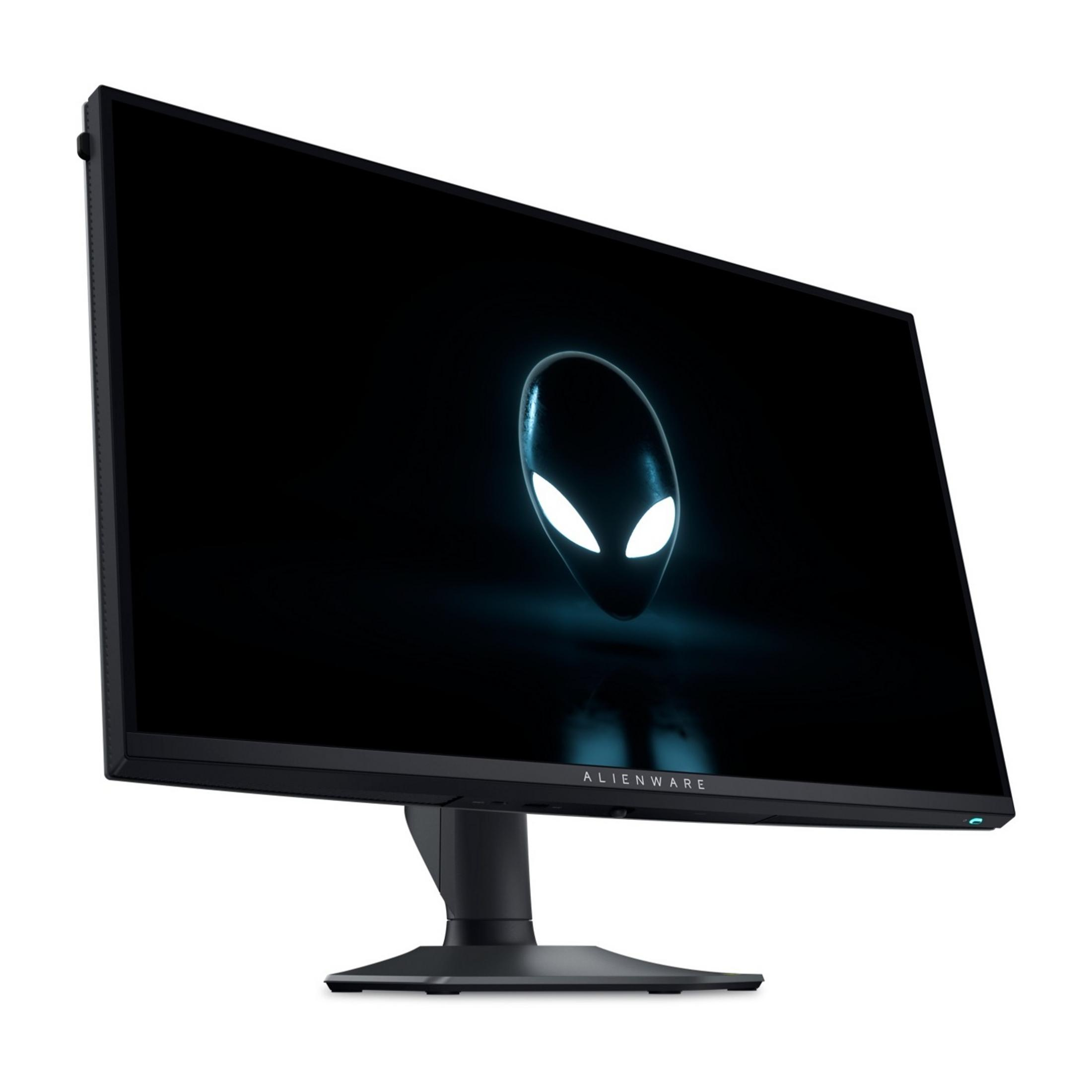 Monitor Alienware z czarną ramką, wyświetlający logo głowy obcego na ekranie.