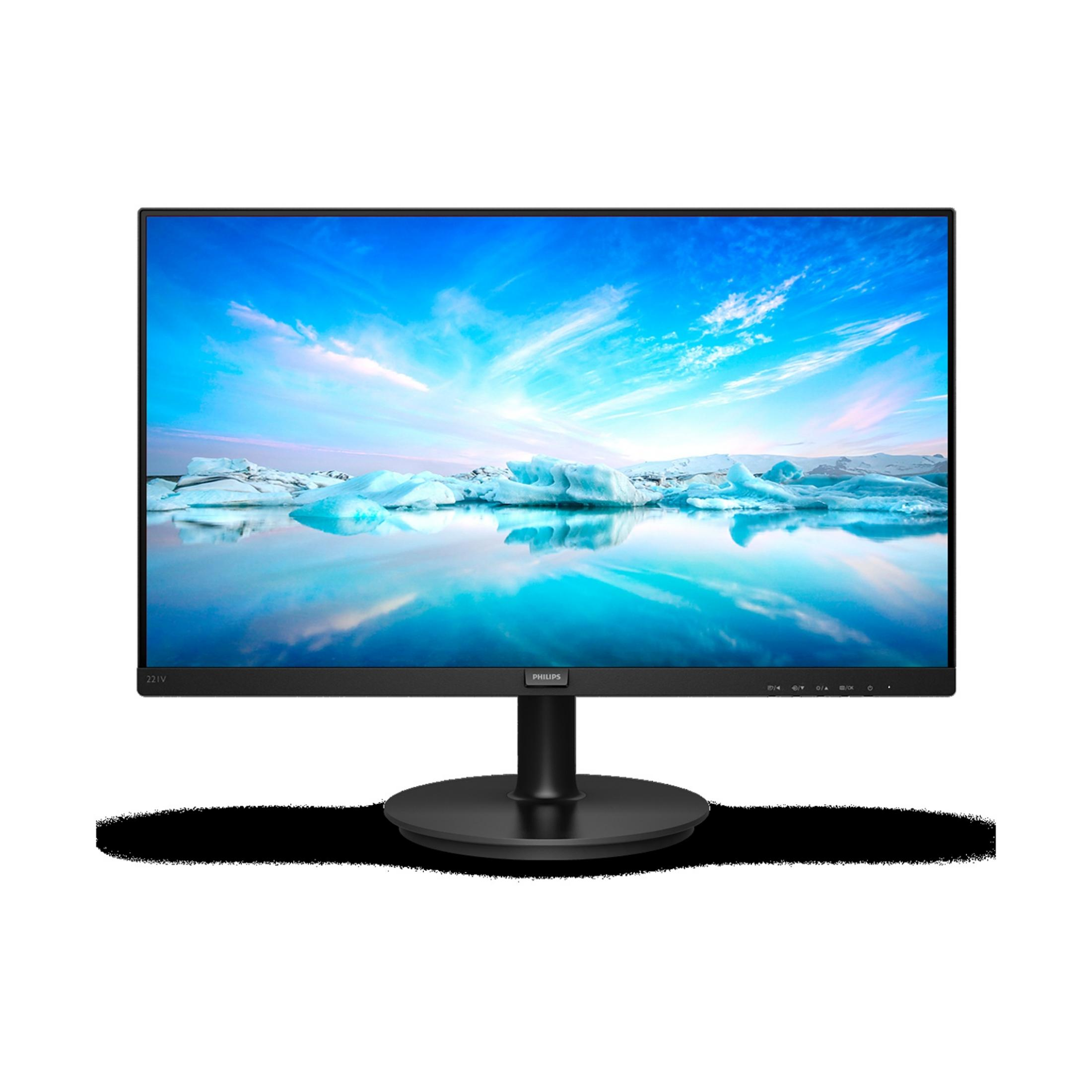 Czarny monitor z obrazem gór lodowych na wodzie.