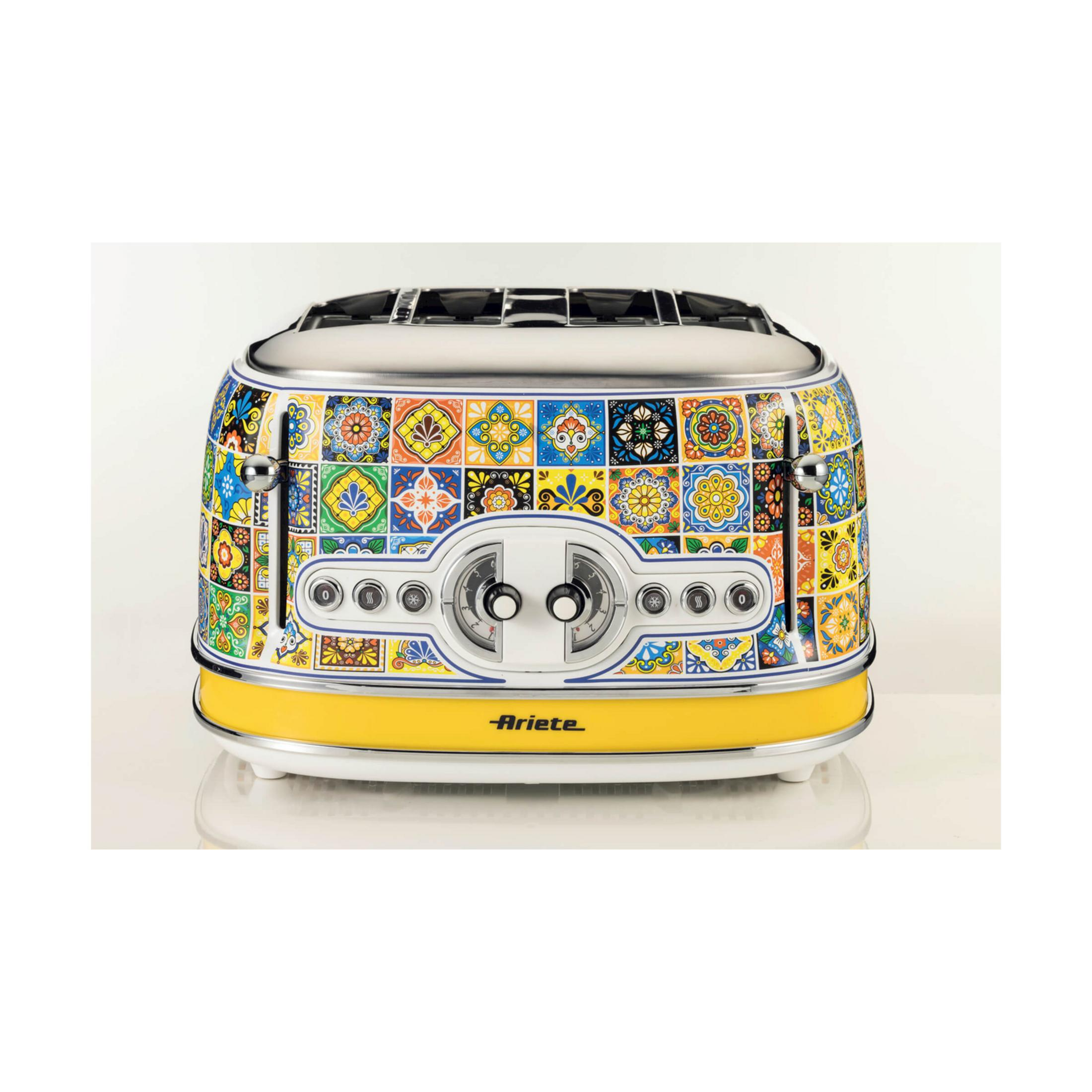 A colorful toaster featuring a tile pattern and a yellow base.