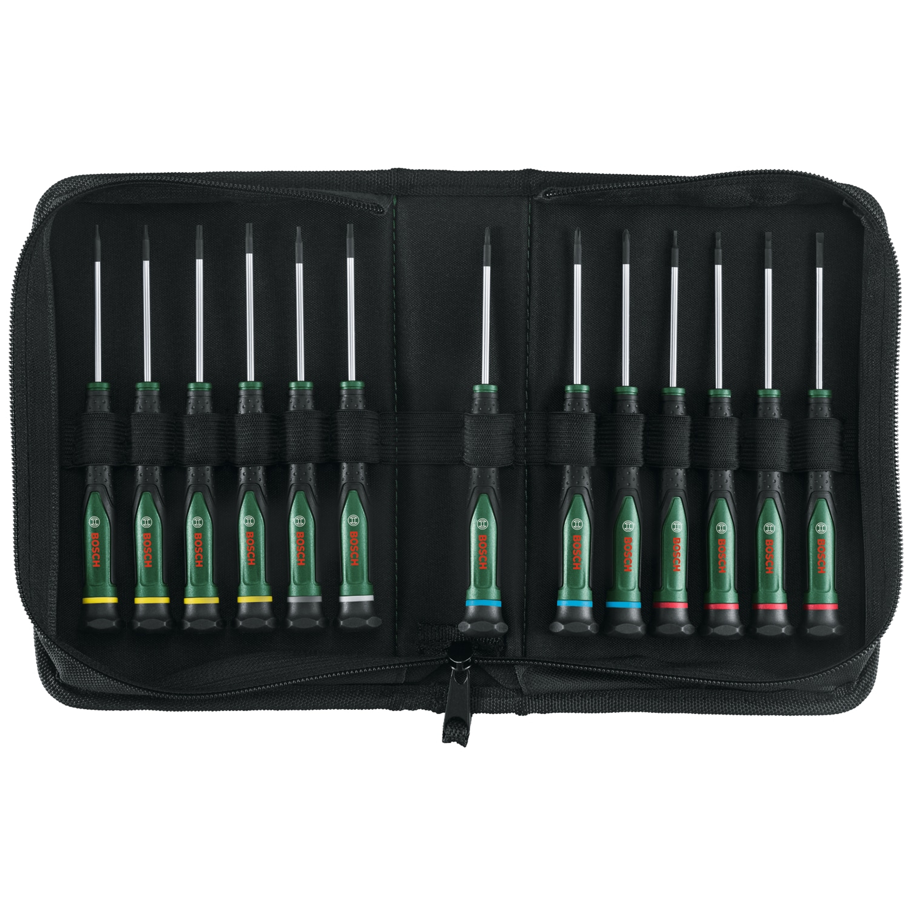 Ein schwarzes Etui mit 12 Bosch-Schraubendrehern mit grünen Griffen und silbernen Schäften.