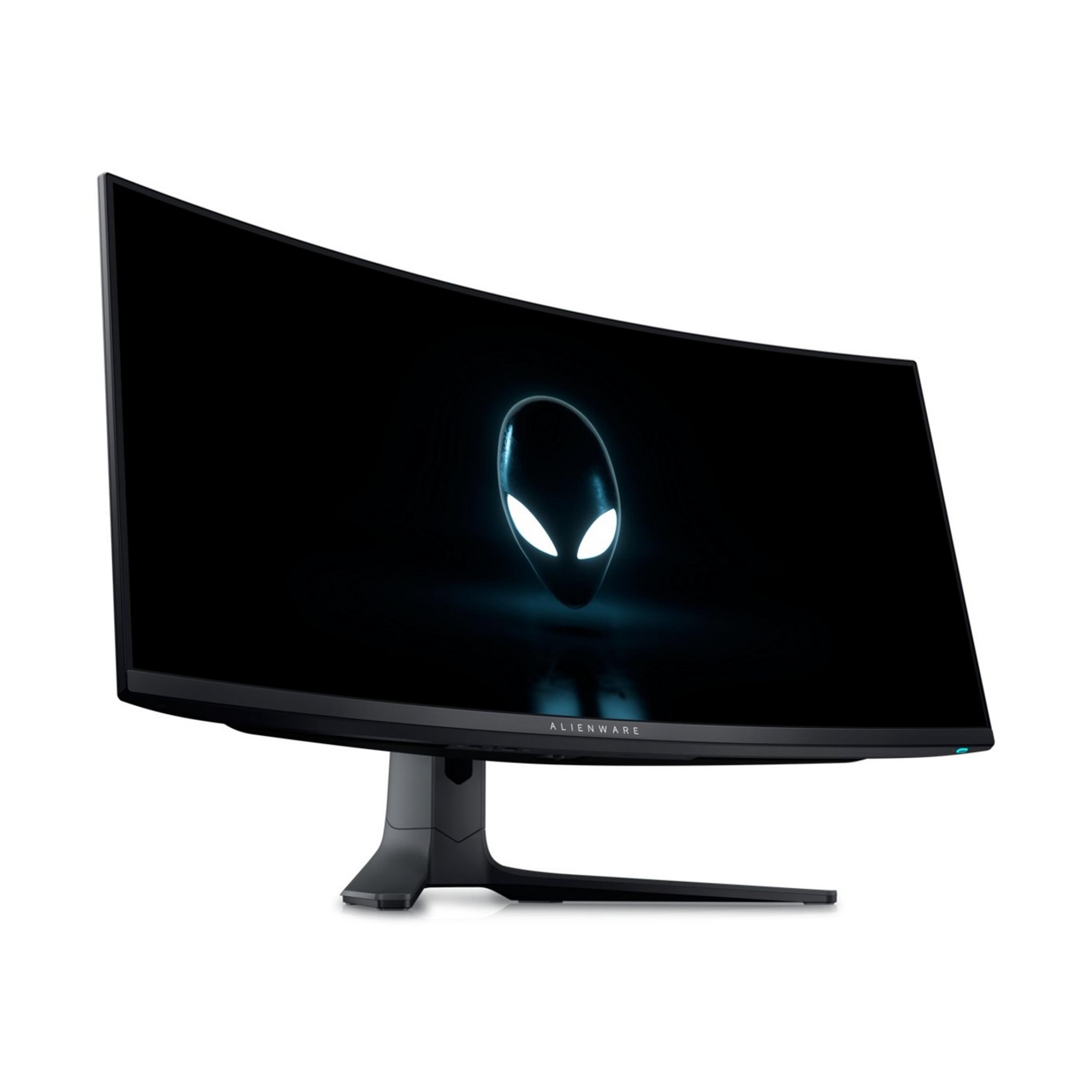 Zakrzywiony monitor Alienware wyświetlający logo głowy obcego.