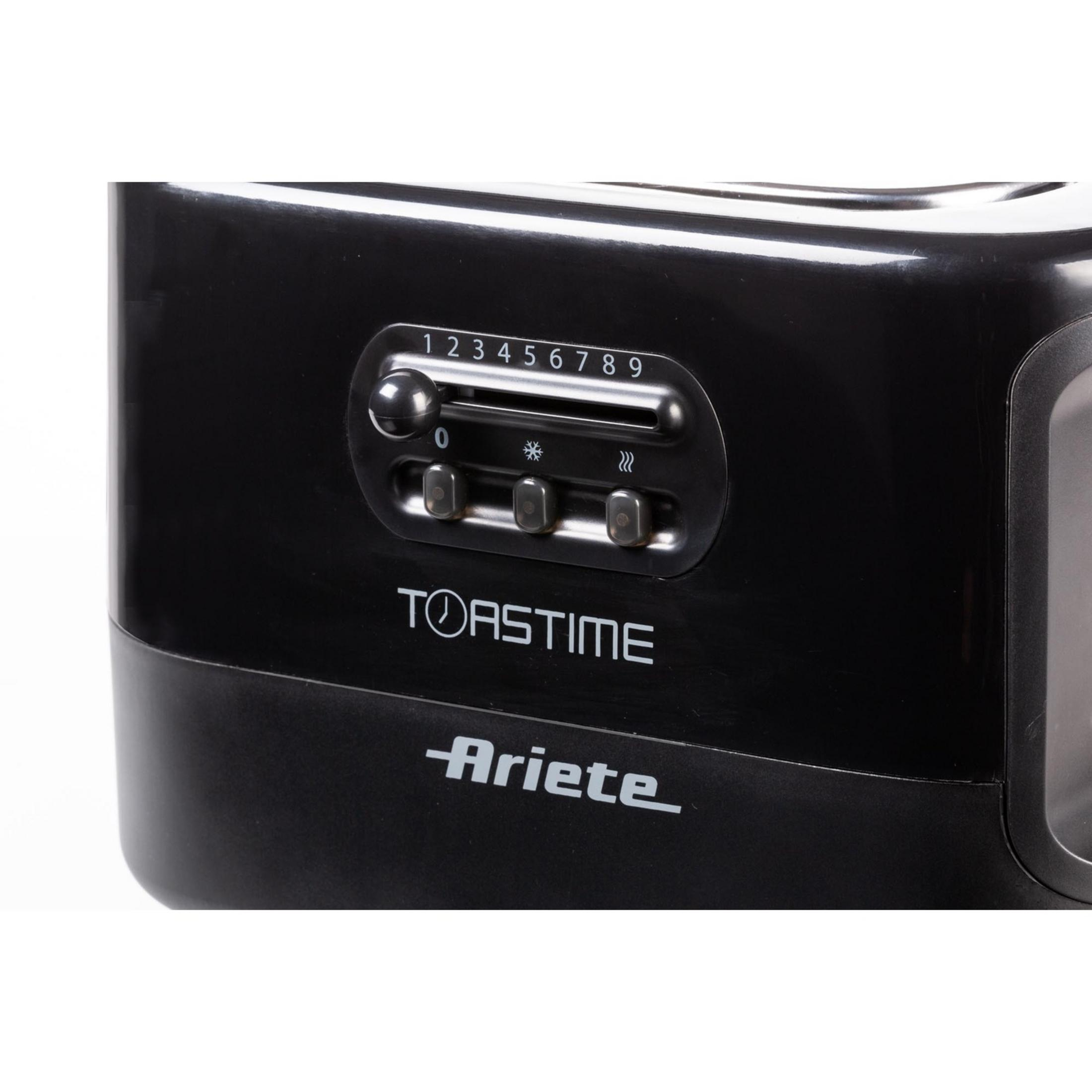 Black toaster with control panel and brand logo.