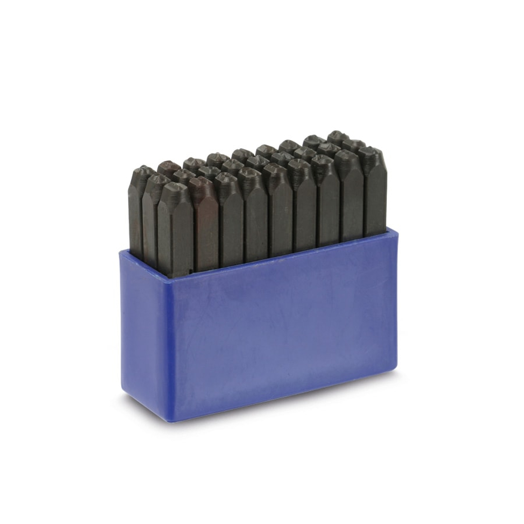Eine Reihe schwarzer Metallstempel in einer blauen Plastikbox.
