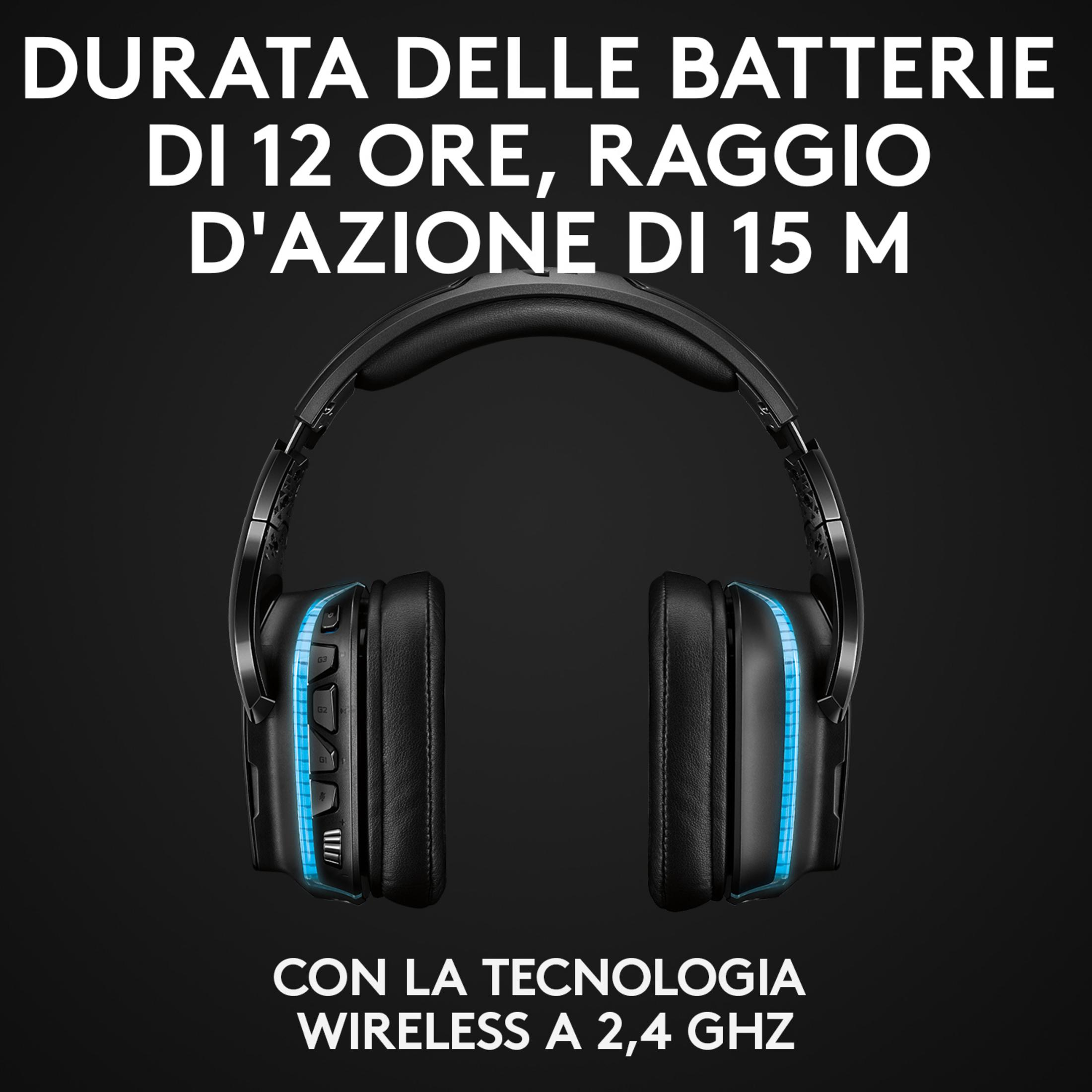 Czarne słuchawki z niebieskim podświetleniem, bateria 12h, zasięg 15m.