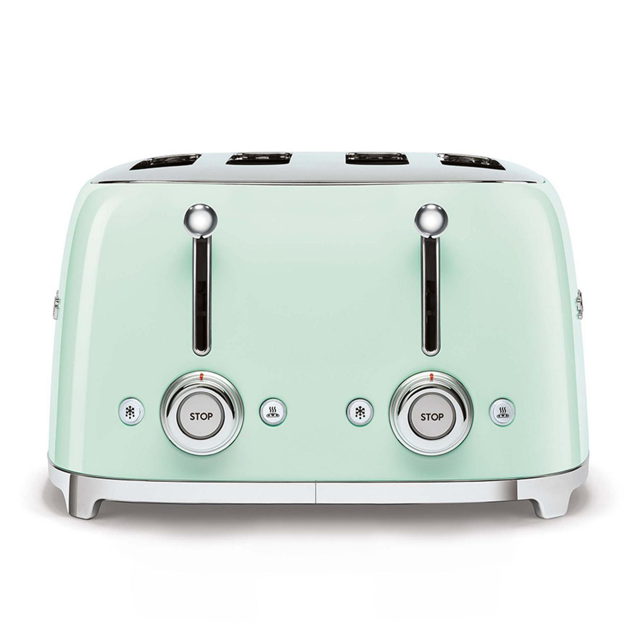 Ein mintgrüner Toaster mit vier Schlitzen und Chromdetails.
