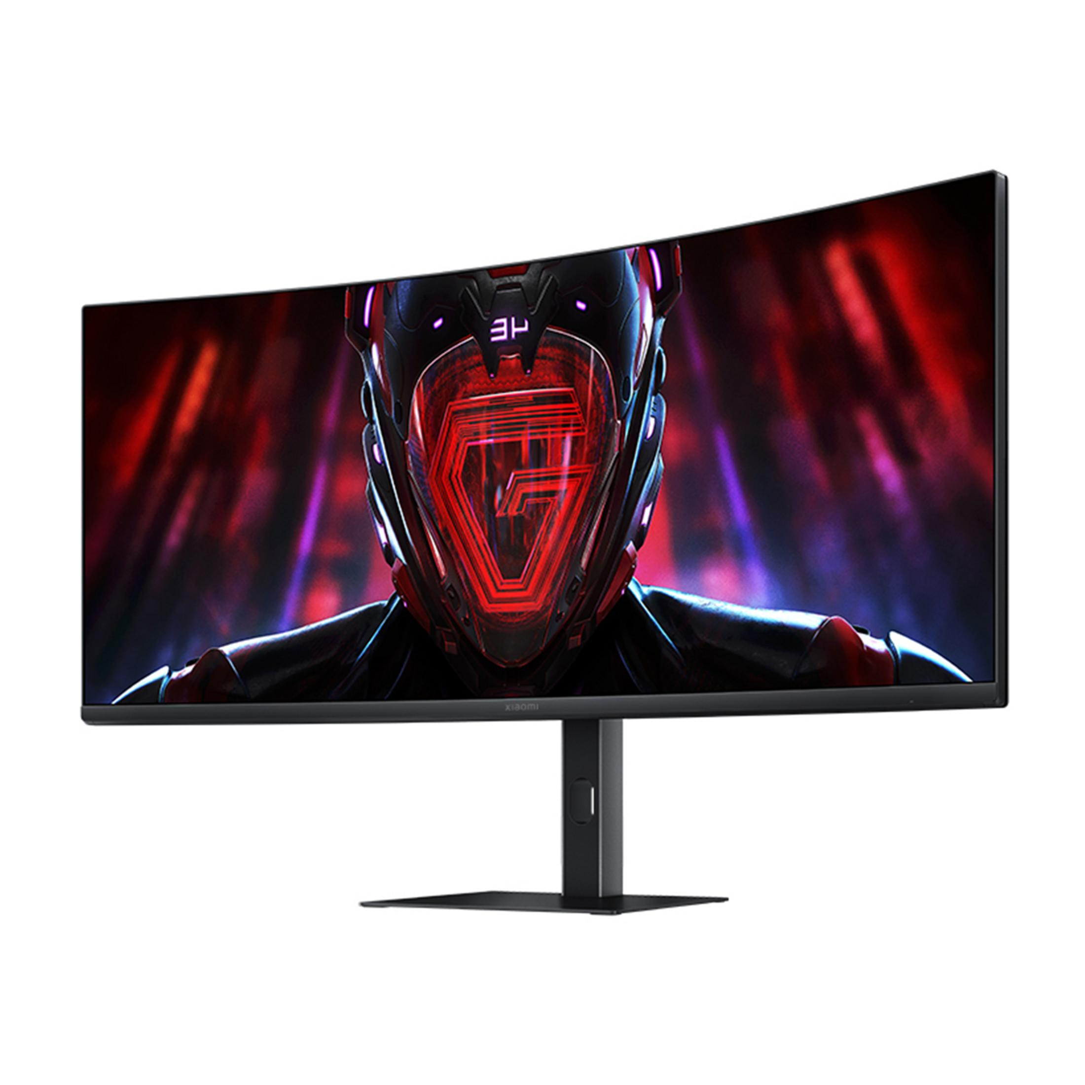Een gebogen gamingmonitor toont een futuristische helm. Rode en paarse lichten.