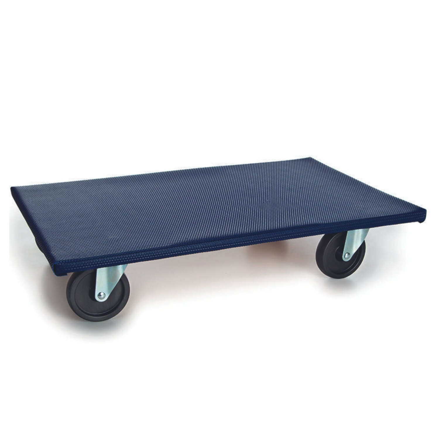 Dunkelblaue Dolly mit vier Rädern auf weißem Hintergrund.