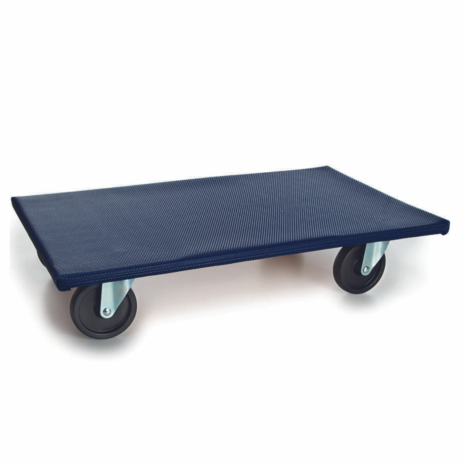 Ein dunkelblaues Rollbrett mit vier schwarzen Rädern auf weißem Hintergrund.