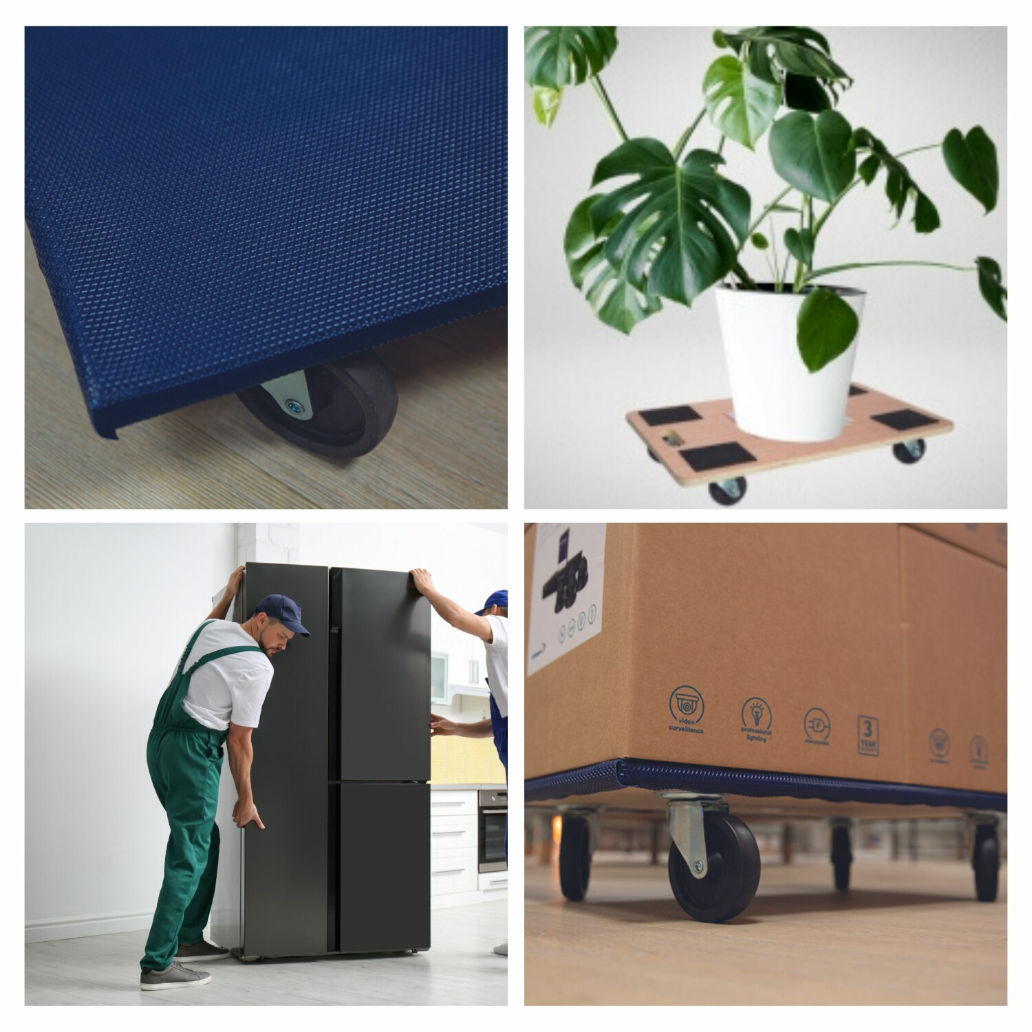 Eine Collage aus vier Bildern: ein blaues Umzugswagenrad, eine Topfpflanze auf einem Rollbrett, Umzugshelfer mit einem Kühlschrank und ein Karton auf einem Rollbrett.