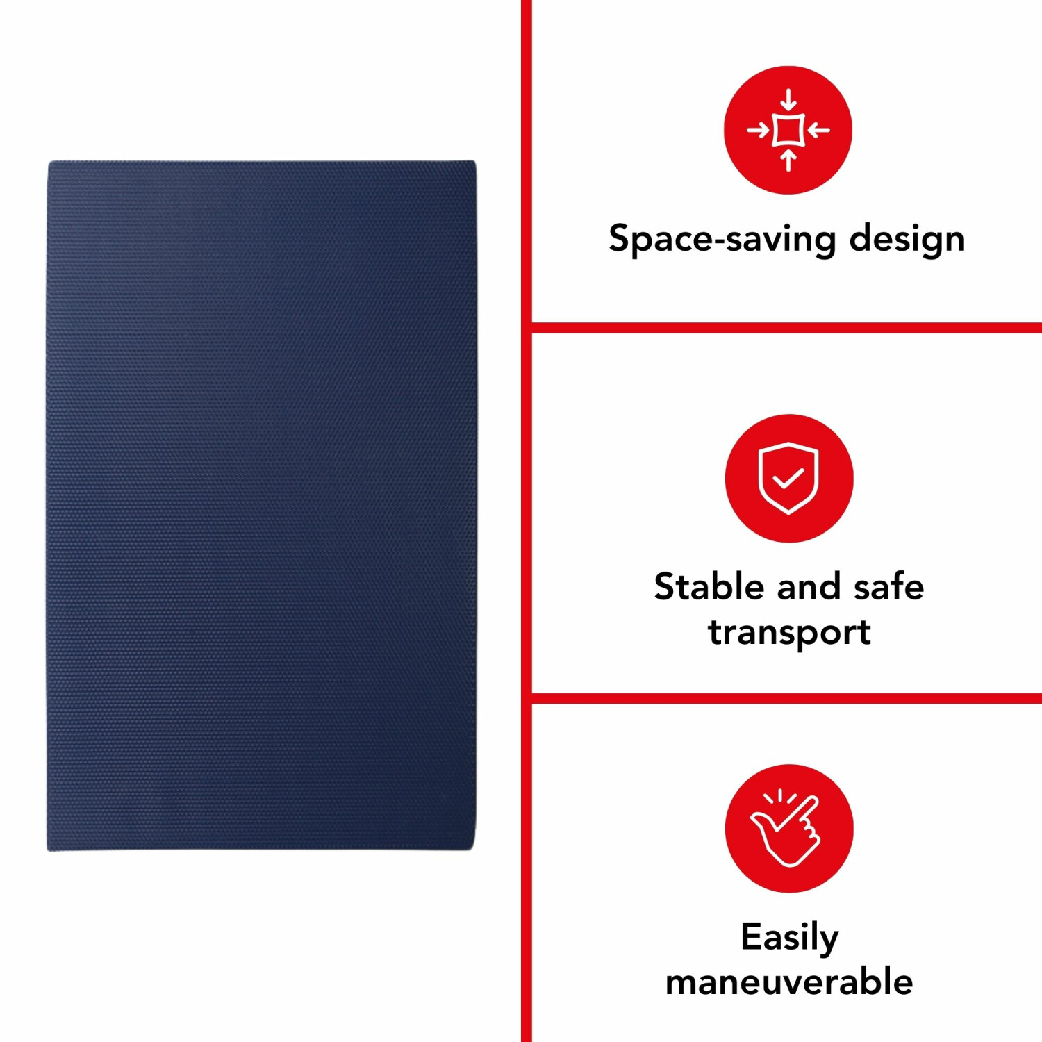 Dunkelblaue Matte mit Symbolen für platzsparendes Design, sicheren Transport und einfache Handhabung.
