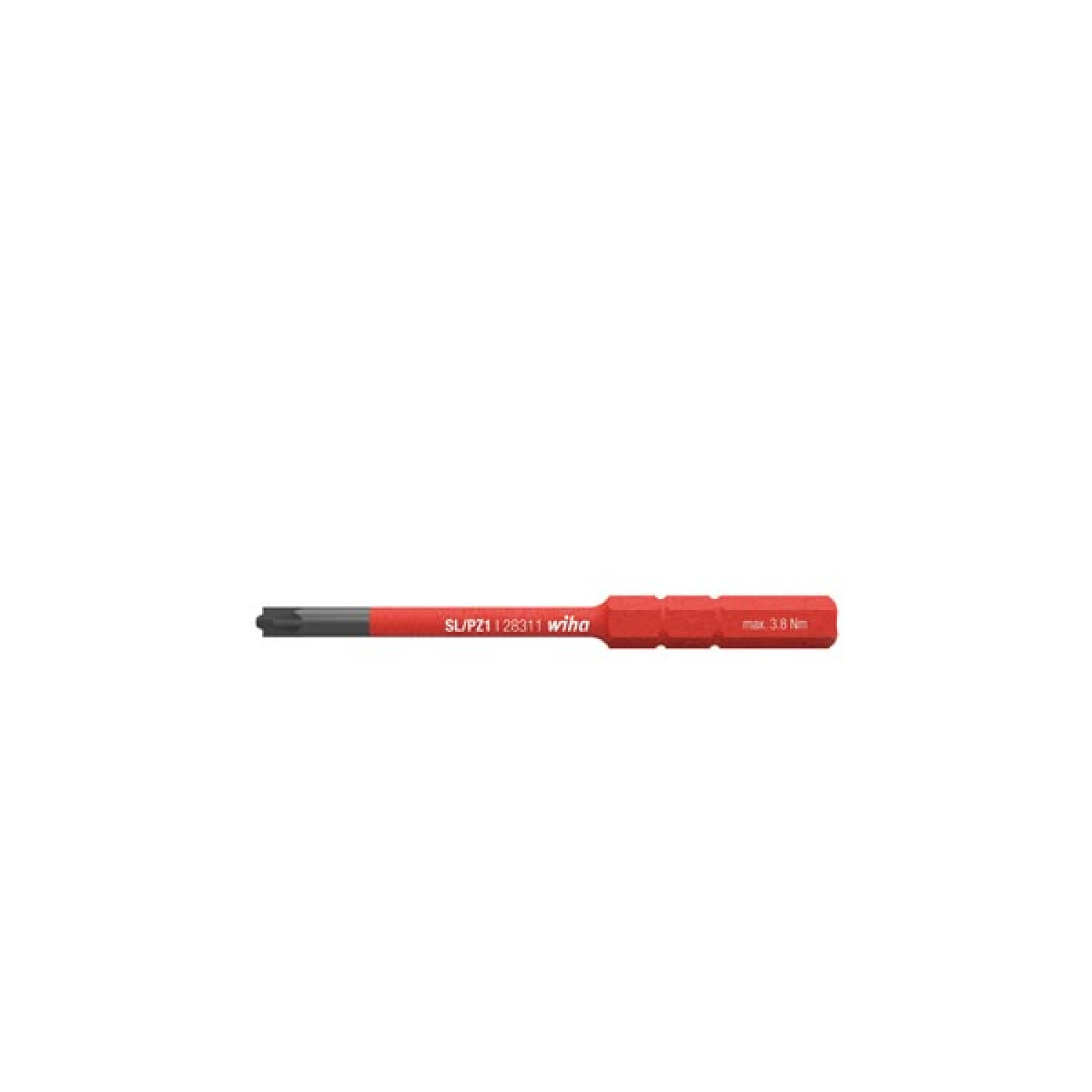 Ein roter Schraubendrehergriff mit grauer Spitze, beschriftet mit "SL/PZ1 | 28311 wiha max. 3.8 Nm".
