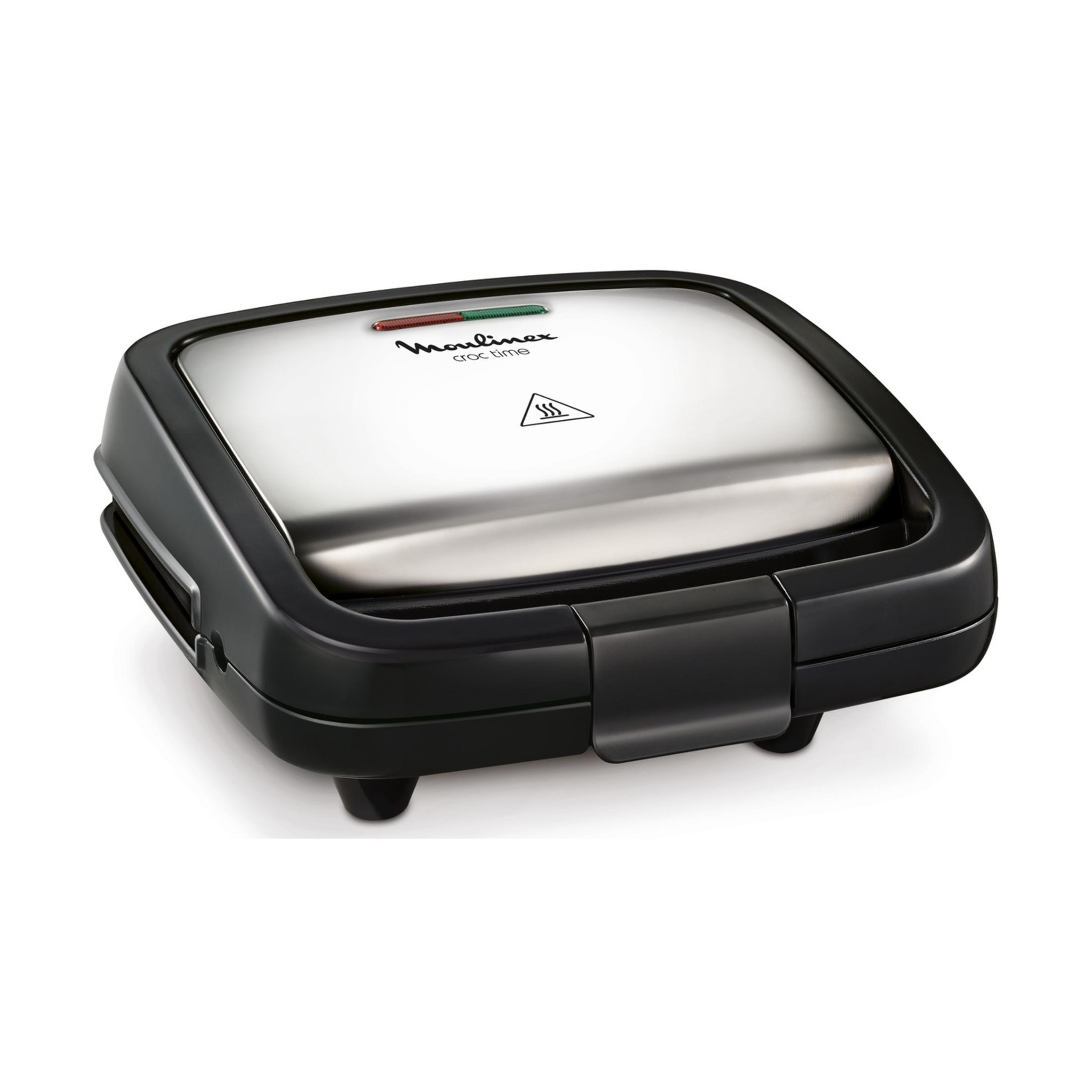 Zamknięty czarny opiekacz do kanapek z pokrywą ze stali nierdzewnej i lampkami.