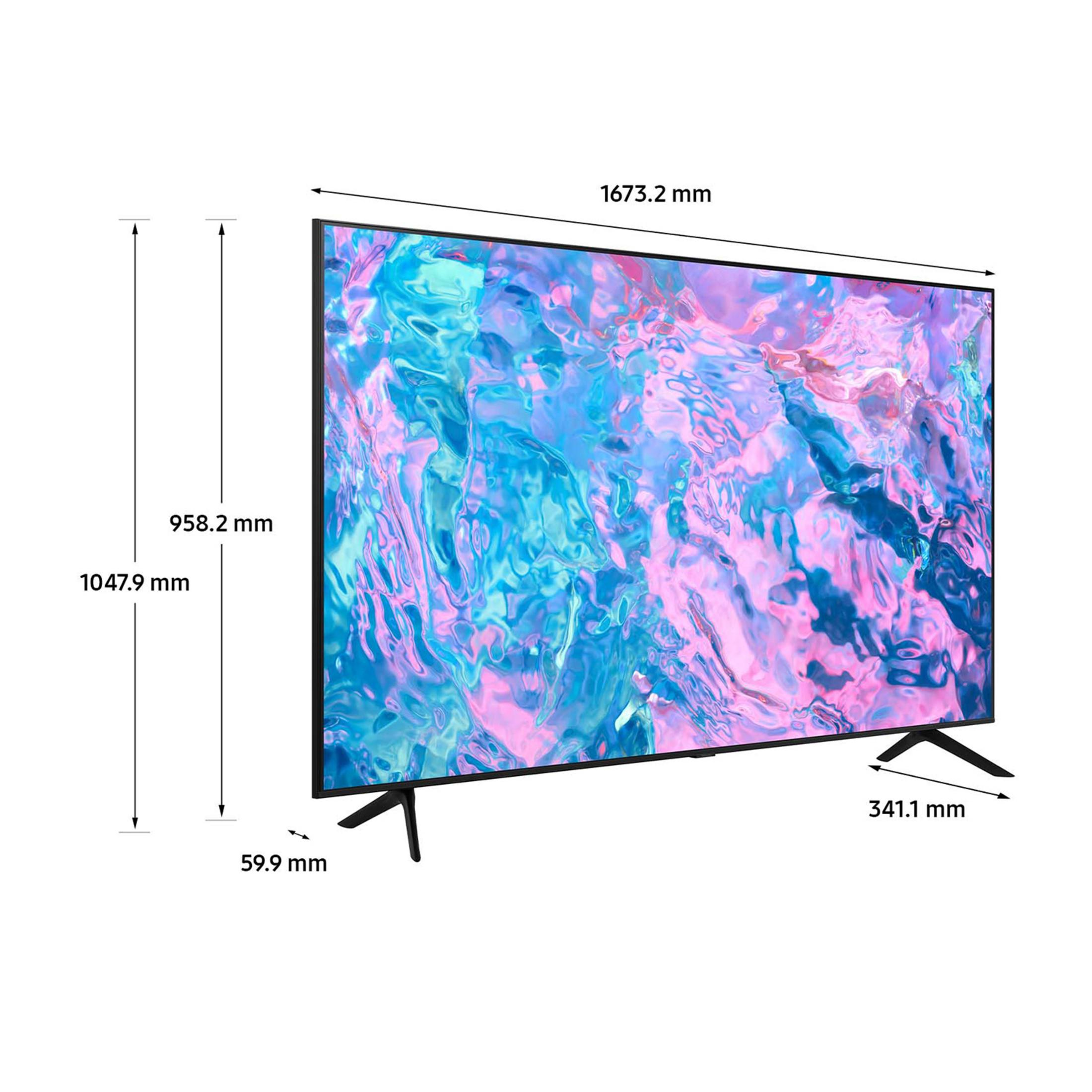 Duży telewizor z kolorowym wyświetlaczem pokazującym wymiary.
