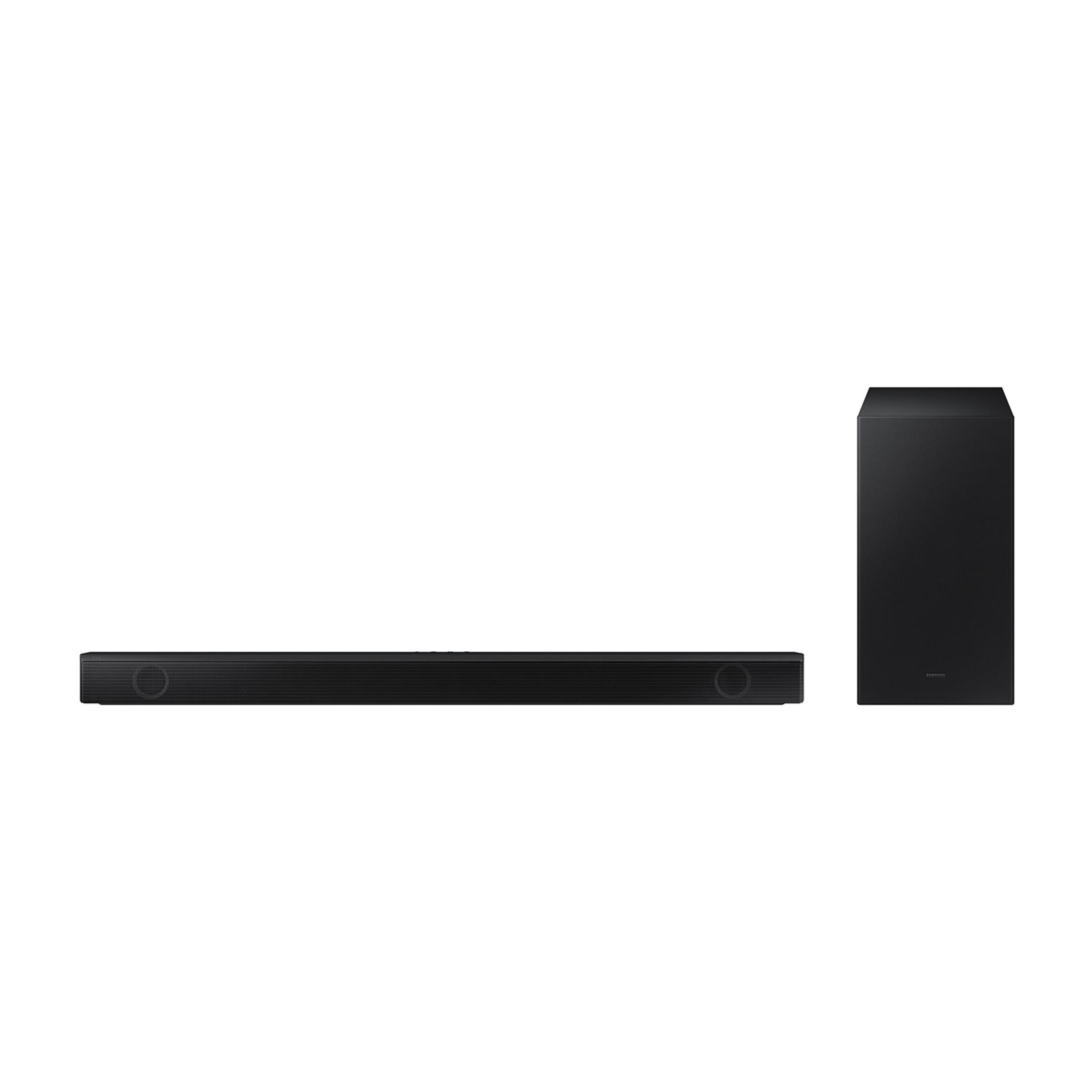Barra de sonido negra con subwoofer sobre fondo blanco.