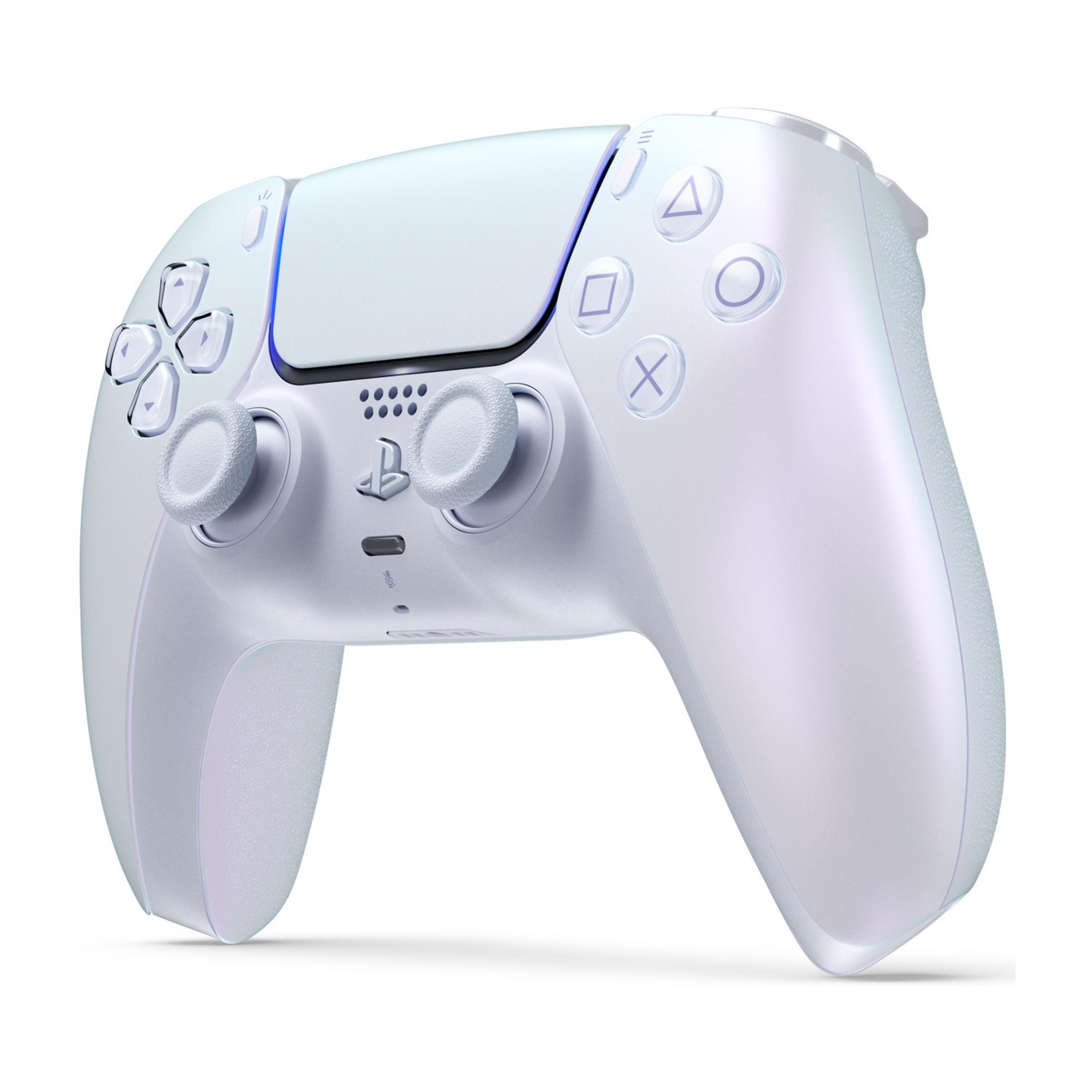 Biały kontroler PlayStation 5 z perłowym połyskiem.