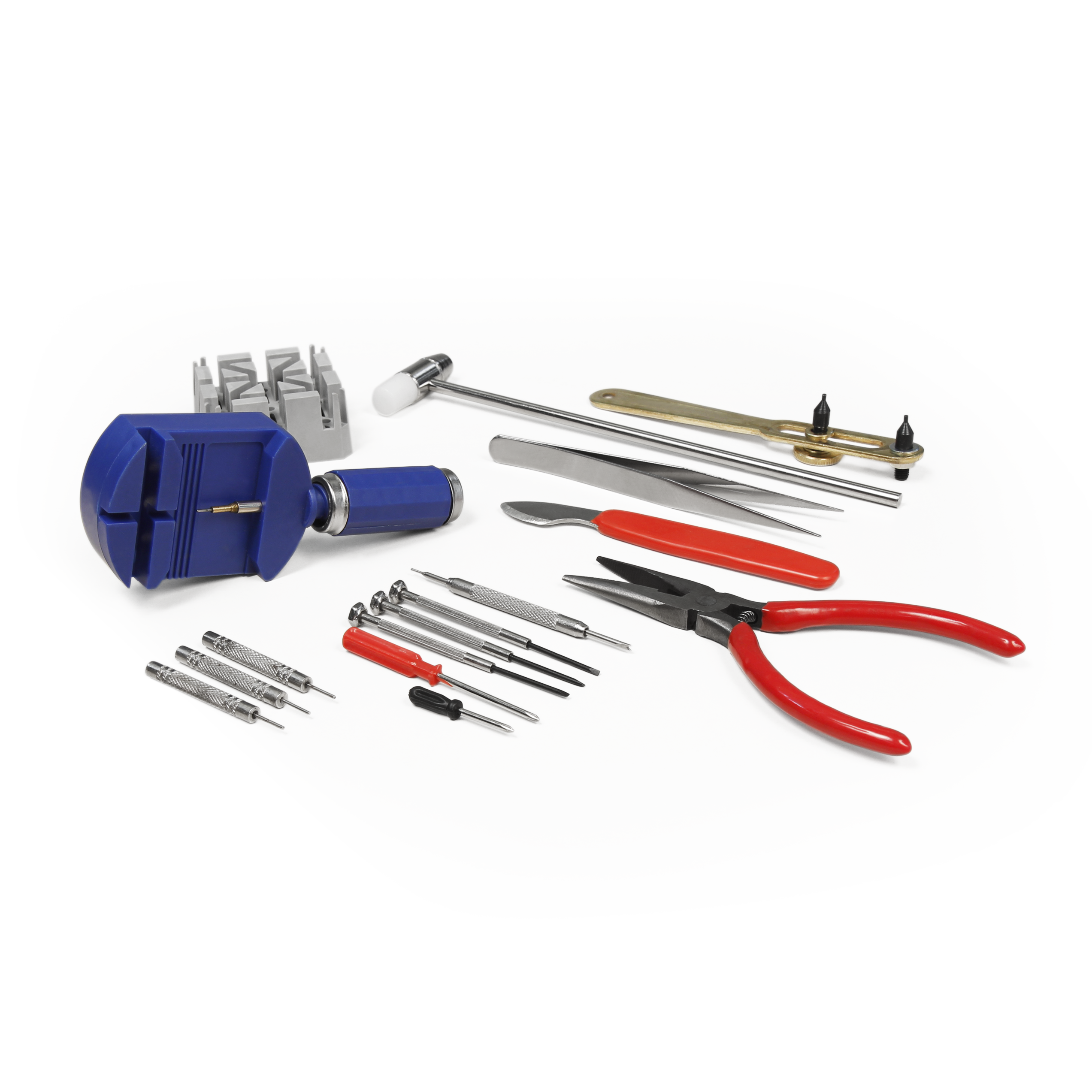Werkzeugset für Uhrenreparatur: Zange, Schraubendreher, Hammer, Pinzette.